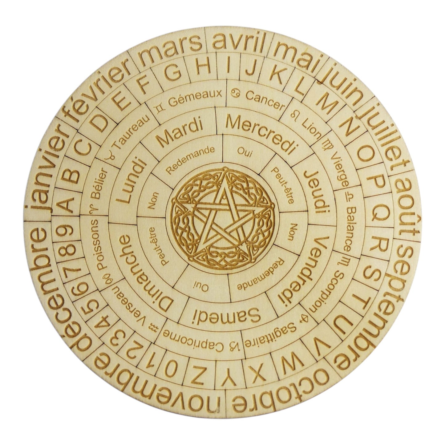 Planche à pendule pentacle rechargement fleur de vie , ésotérisme , symbole sacrés, bien être lithothérapie fabrication francaise et artisanale en gravure et découpe laser