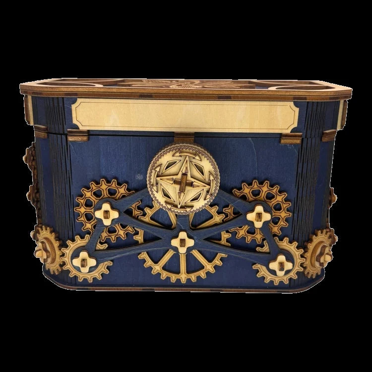 coffre à trésor avec mécanisme à engrenages  sans casse tête décoration intérieur en découpe et gravure laser fabrication artisanale et francaise boite en bois pour bijoux secrets