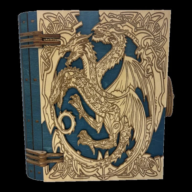 Boite en bois dragon bleu vert en  forme de livre , avec mécanisme d'ouverture par engrenage possibilité boite à musique pour bijou, secrets ou trésors fabrication francaise et artisanale