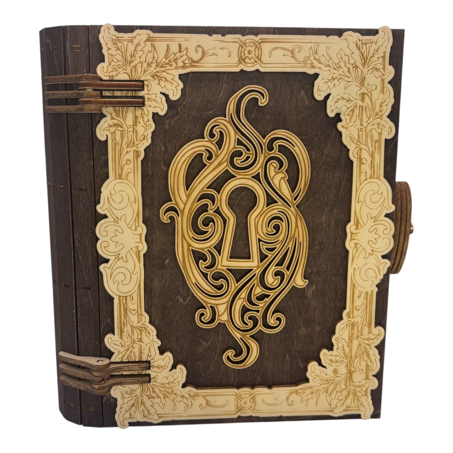 Boite en bois  marron fonce n forme de livre , avec mécanisme d'ouverture par engrenage possibilité boite à musique pour bijou, secrets ou trésors fabrication francaise et artisanale