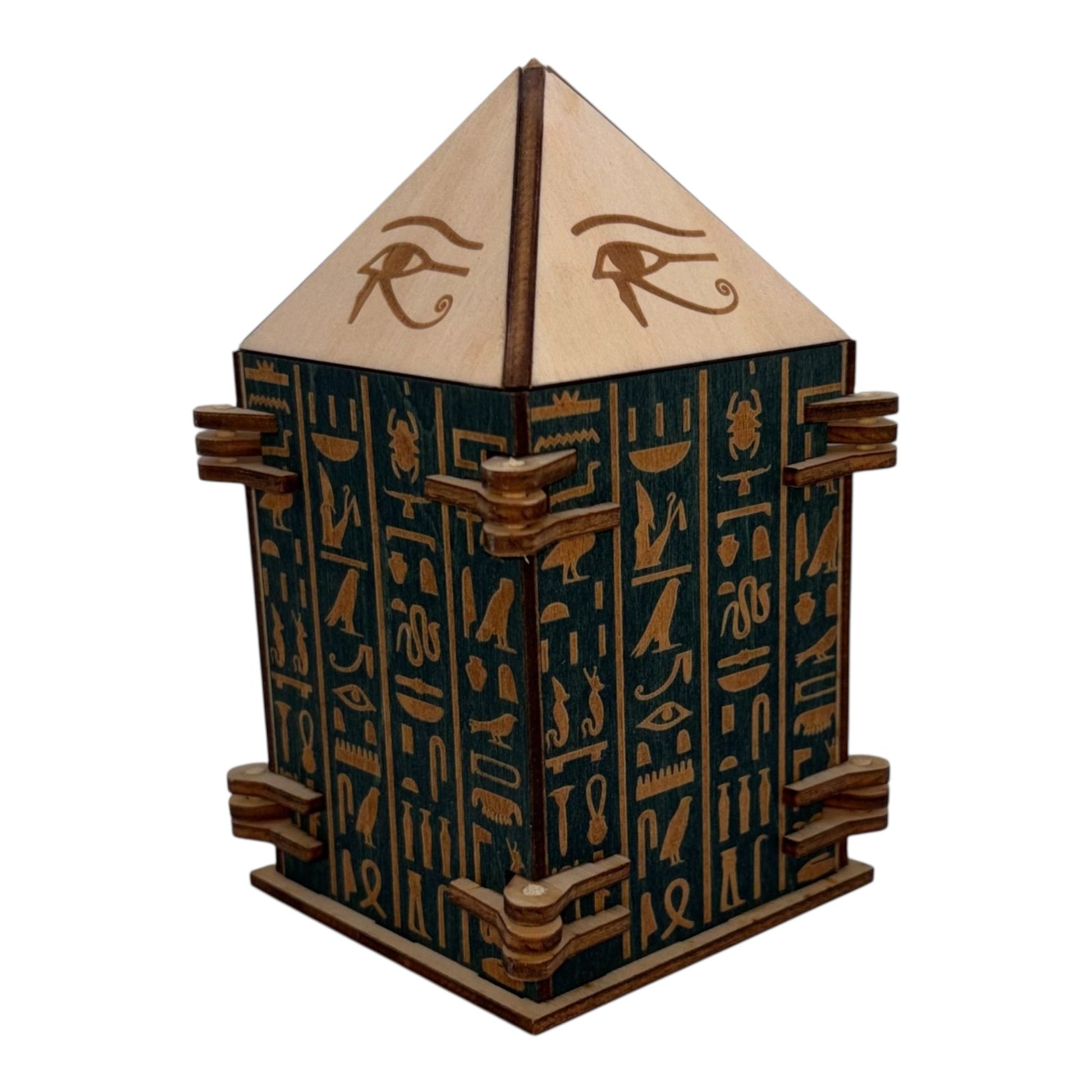 Boîtes en bois artisanales avec mécanismes rotatifs et décor hiéroglyphes.