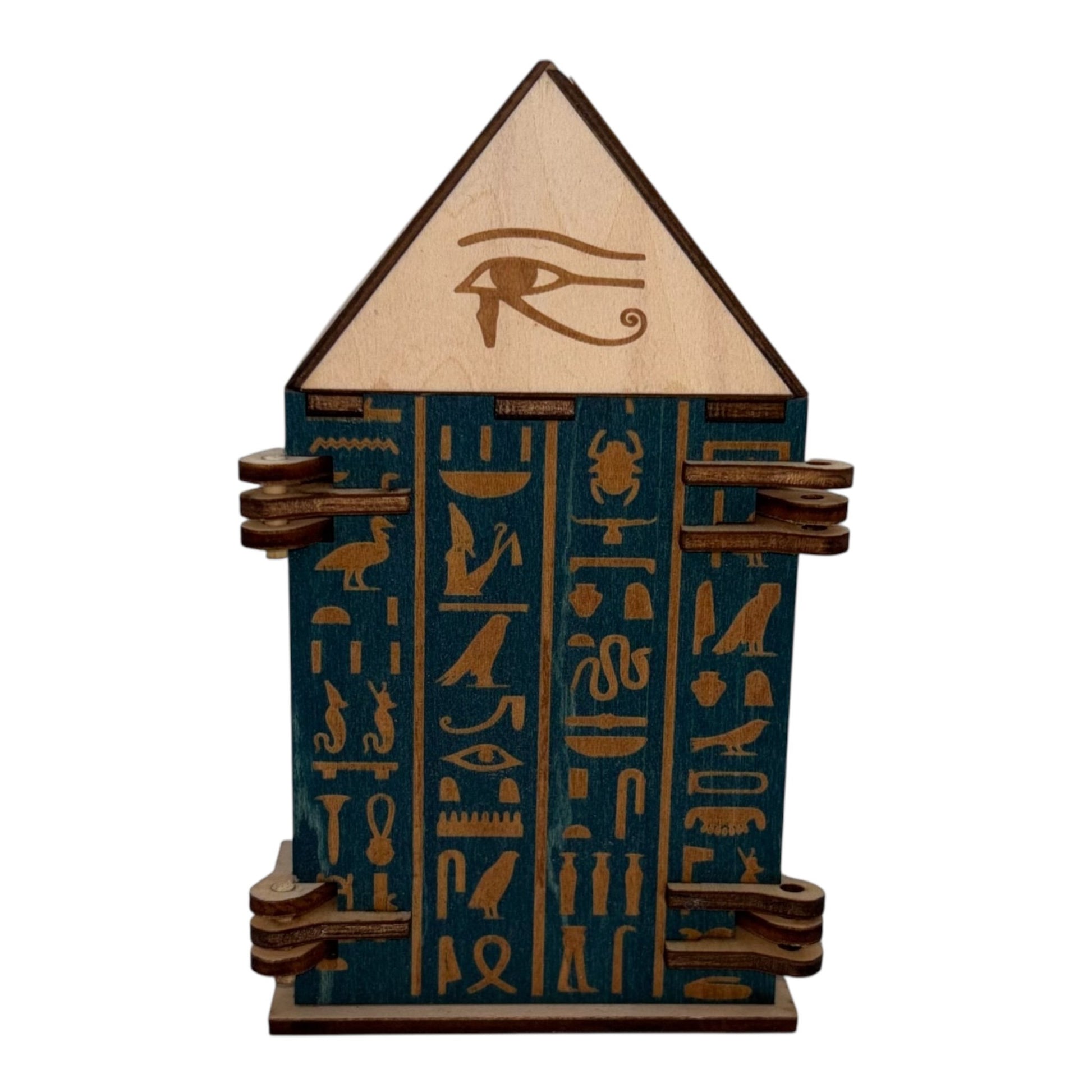 Boîtes artisanales en bois, mécanismes rotatifs décor pharaonique.