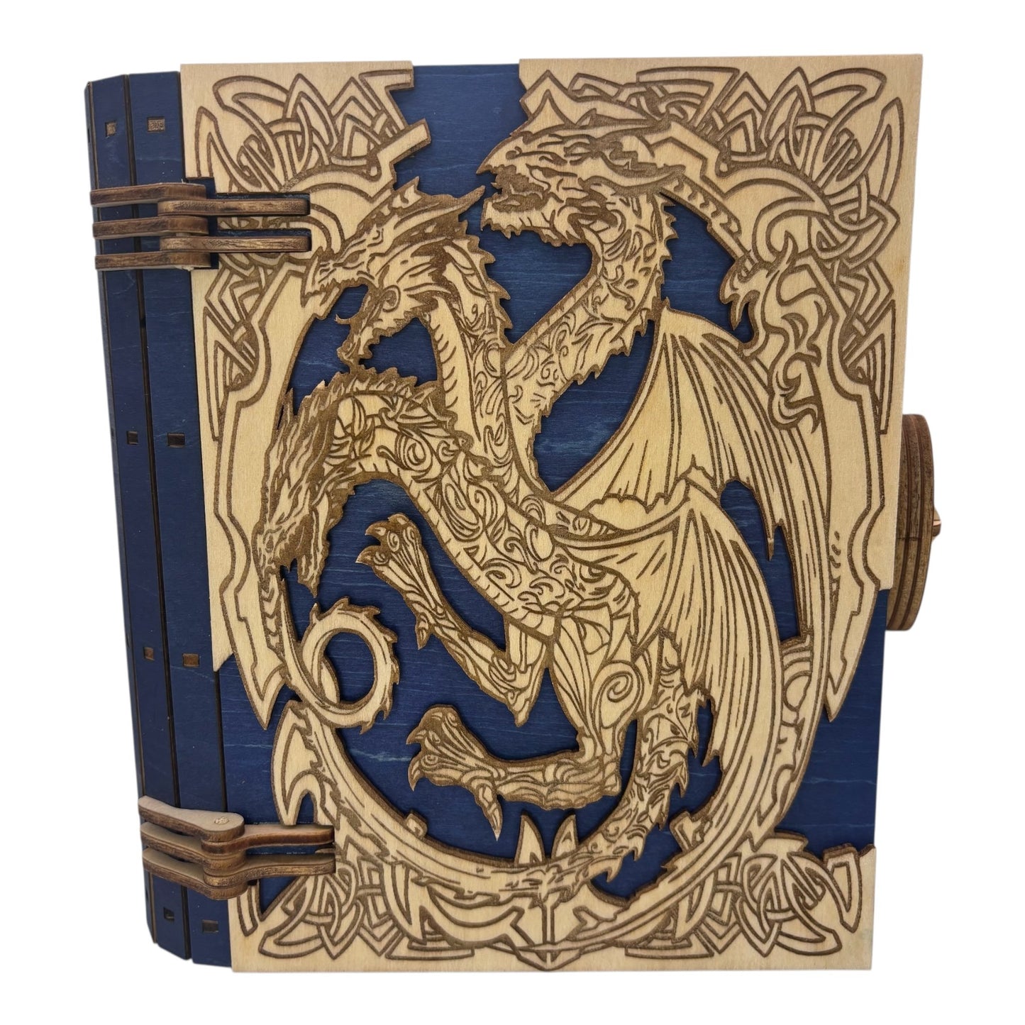 Boite en bois  dragon bleu en  forme de livre , avec mécanisme d'ouverture par engrenage possibilité boite à musique pour bijou, secrets ou trésors fabrication francaise et artisanale