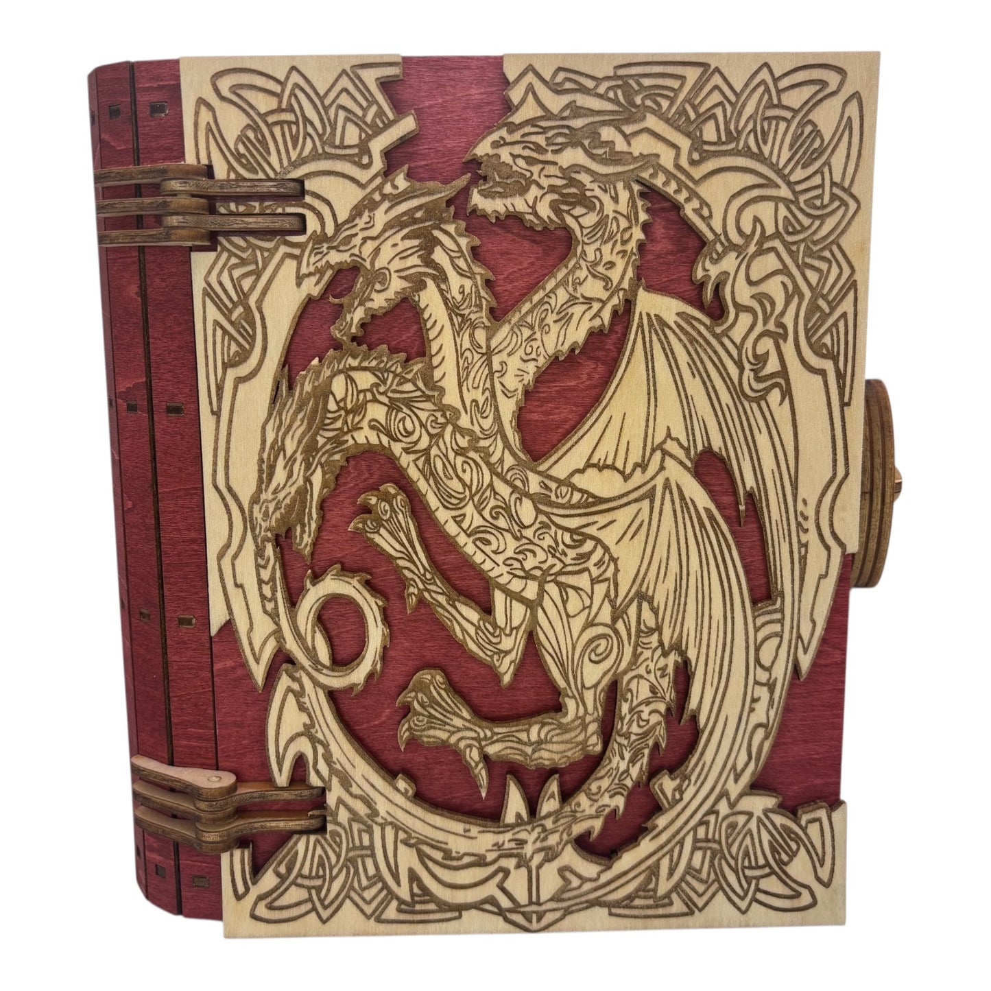 Boite en bois  dragon rouge en  forme de livre , avec mécanisme d'ouverture par engrenage possibilité boite à musique pour bijou, secrets ou trésors fabrication francaise et artisanale