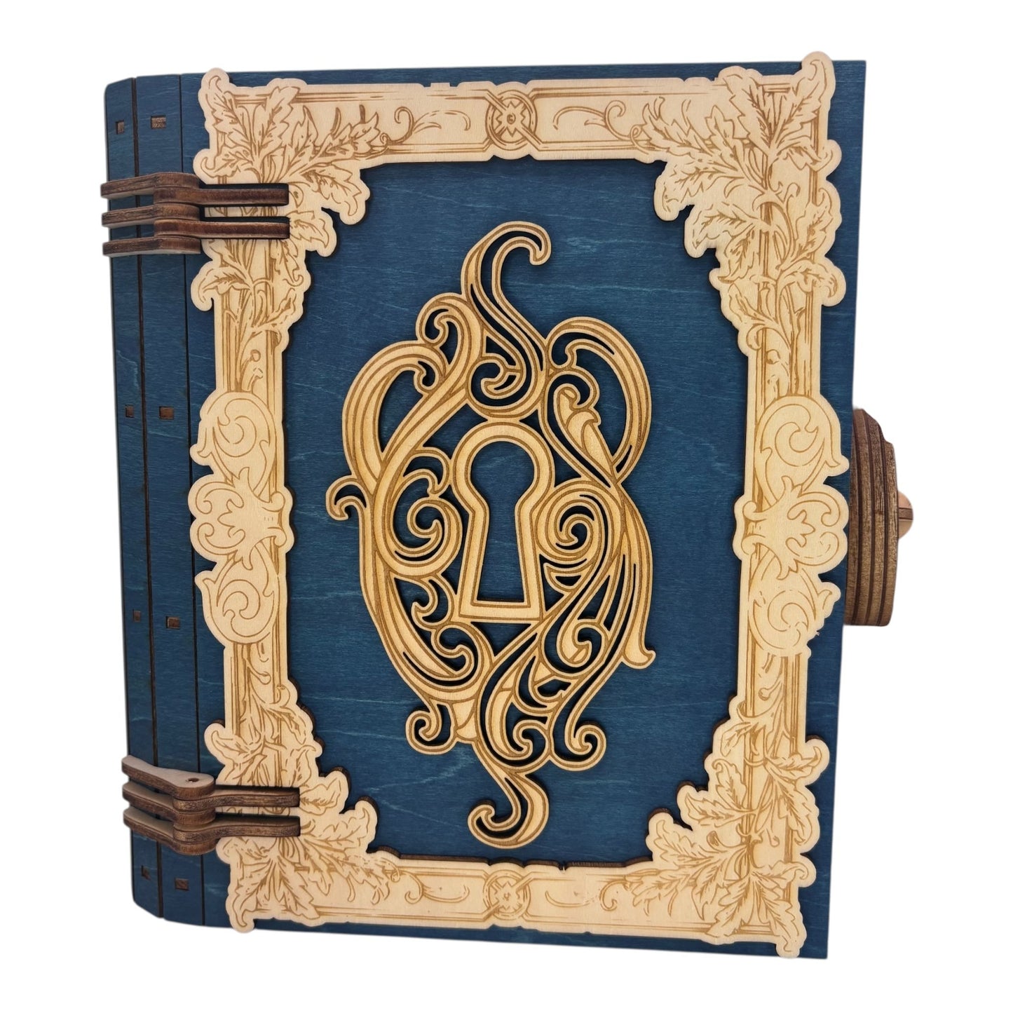 Boite en bois  bleu  vert en  forme de livre , avec mécanisme d'ouverture par engrenage possibilité boite à musique pour bijou, secrets ou trésors fabrication francaise et artisanale