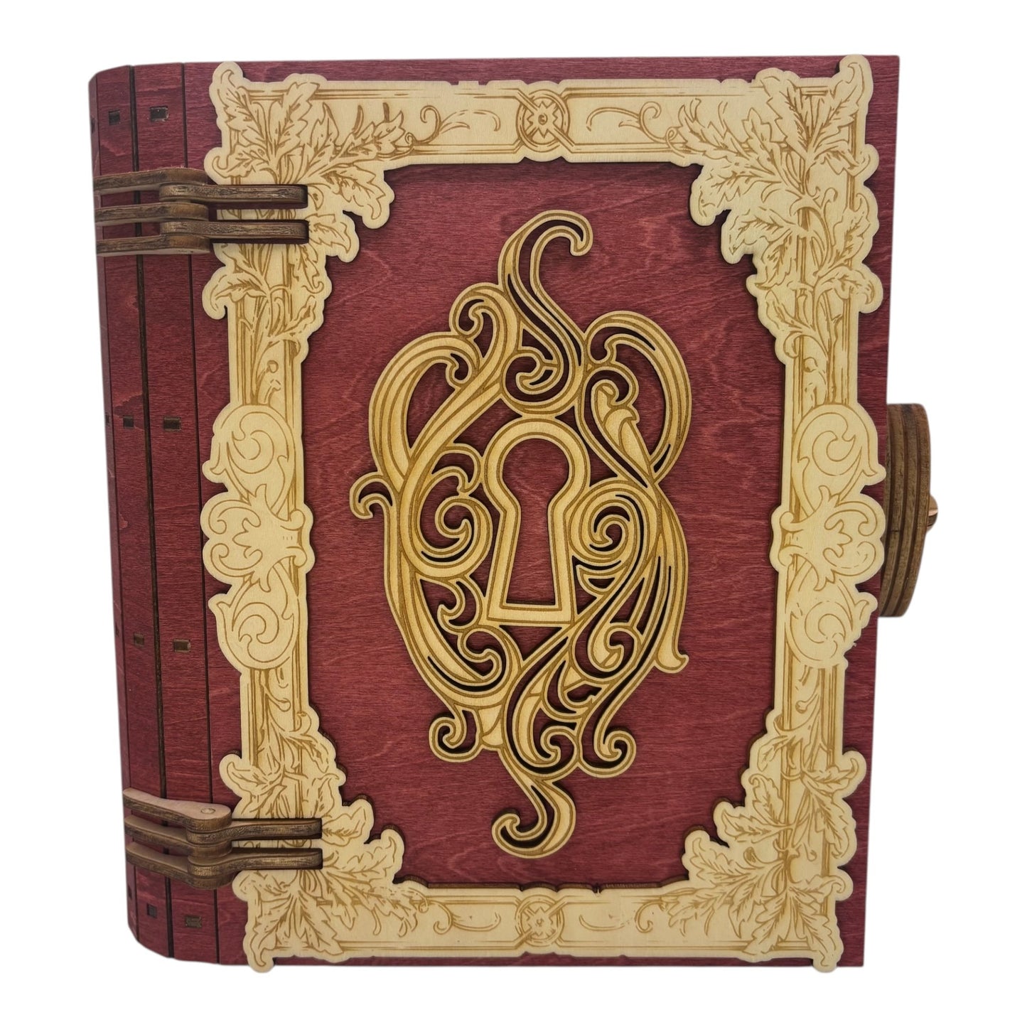 Boite en bois  rouge en  forme de livre , avec mécanisme d'ouverture par engrenage possibilité boite à musique pour bijou, secrets ou trésors fabrication francaise et artisanale