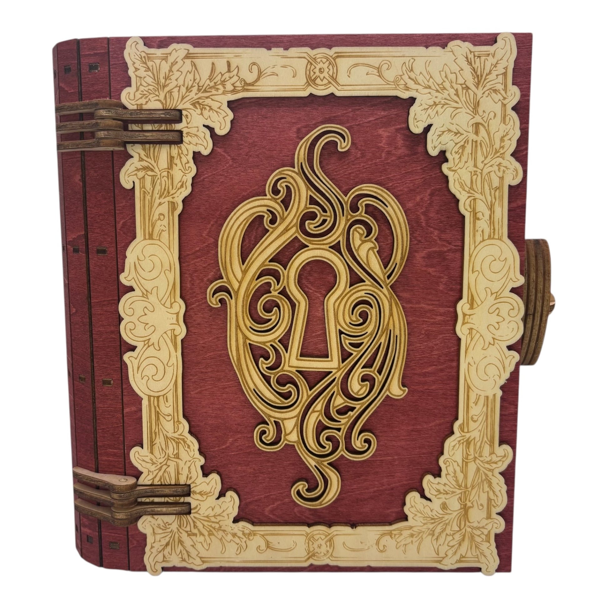 Boite en bois  rouge en  forme de livre , avec mécanisme d'ouverture par engrenage possibilité boite à musique pour bijou, secrets ou trésors fabrication francaise et artisanale