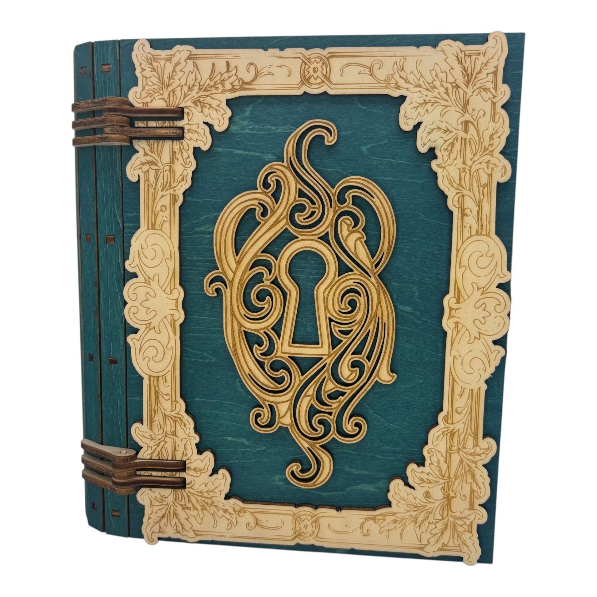 Boite en bois  serrure vert en  forme de livre , avec mécanisme d'ouverture par engrenage possibilité boite à musique pour bijou, secrets ou trésors fabrication francaise et artisanale