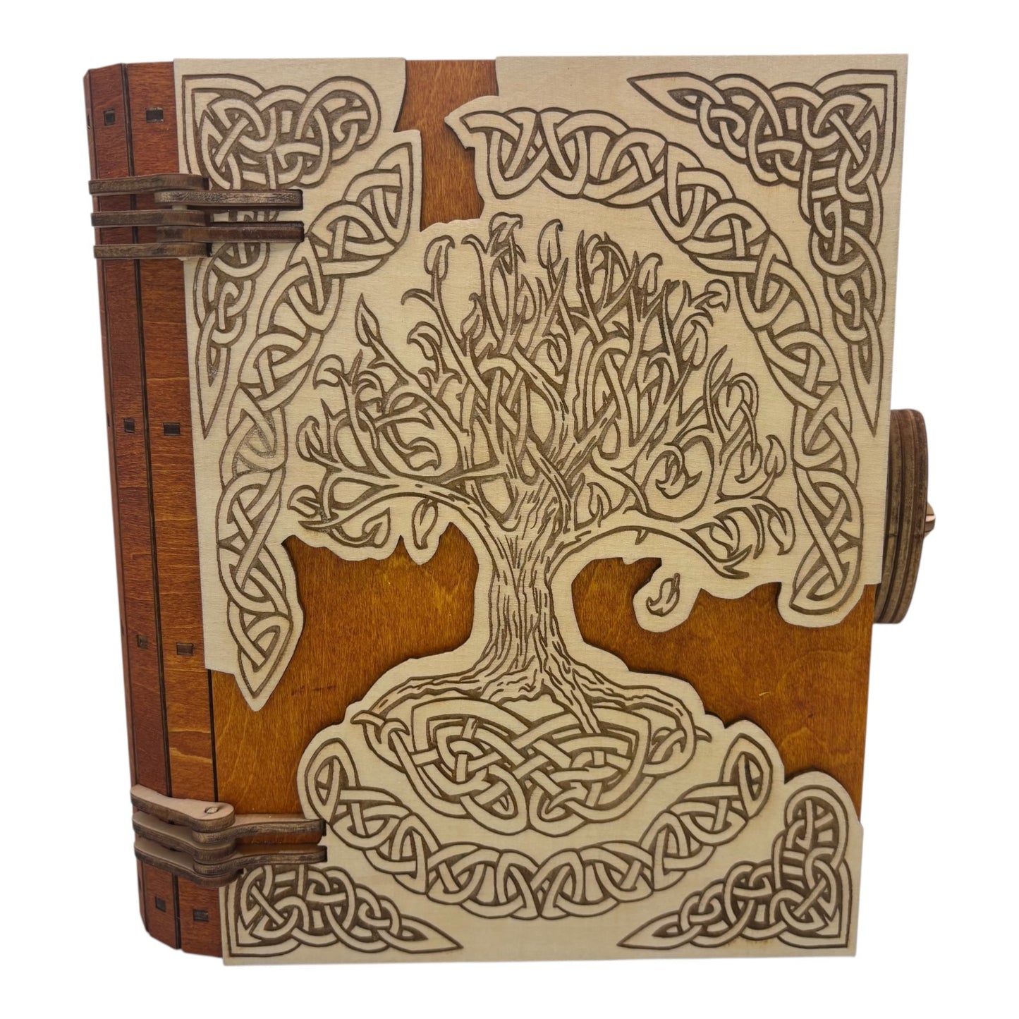 Boite en bois  celtique marron en  forme de livre , avec mécanisme d'ouverture par engrenage possibilité boite à musique pour bijou, secrets ou trésors fabrication francaise et artisanale