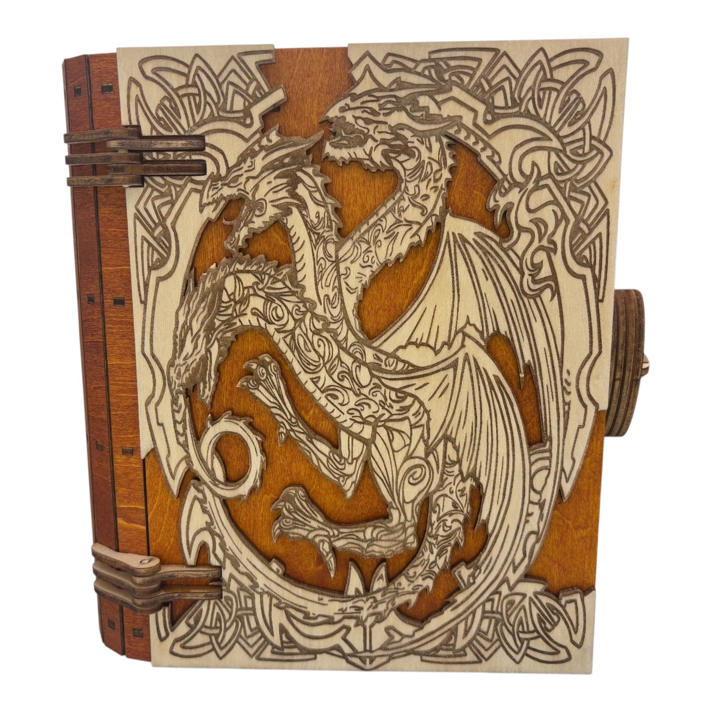 Boite en bois dragon marron en  forme de livre , avec mécanisme d'ouverture par engrenage possibilité boite à musique pour bijou, secrets ou trésors fabrication francaise et artisanale
