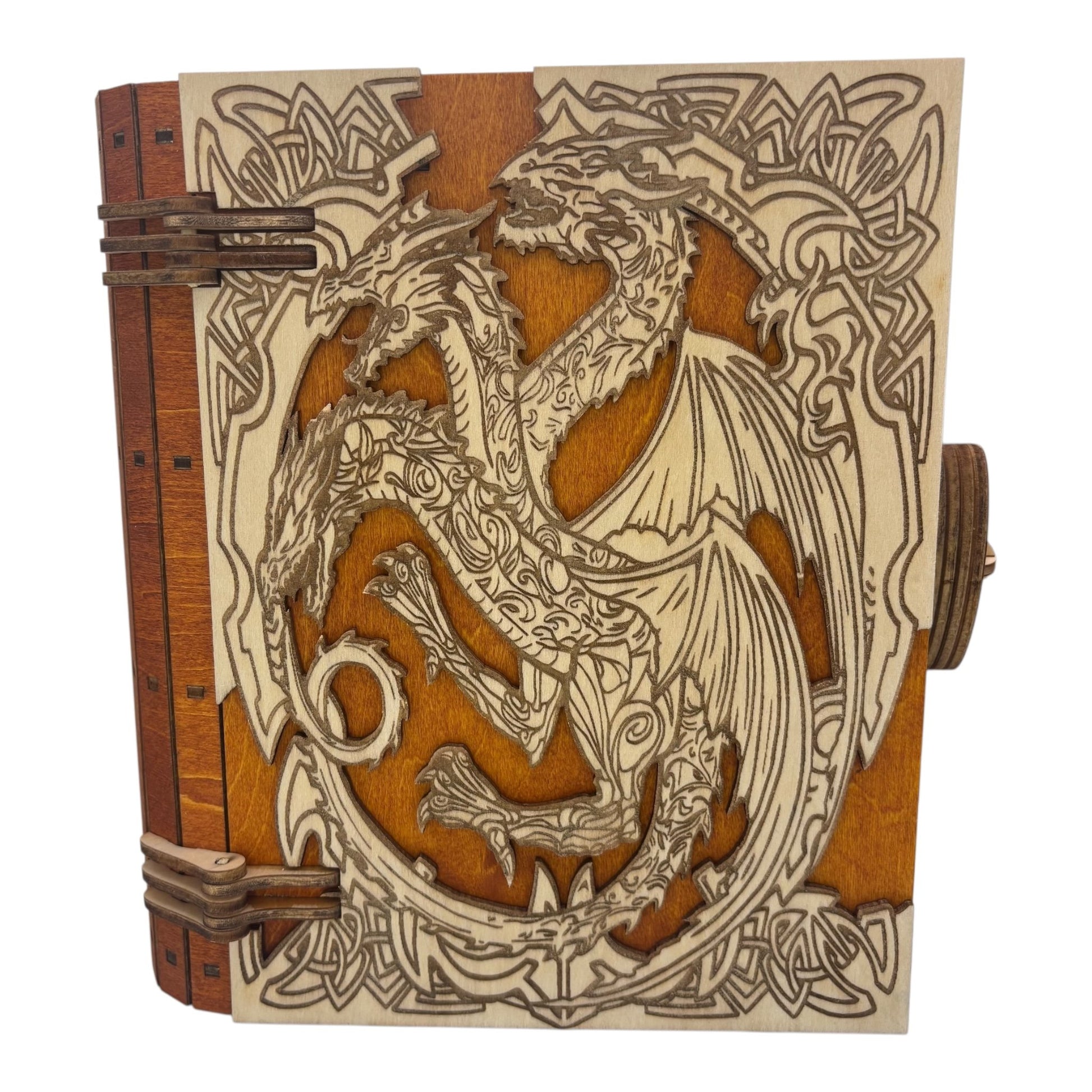 Boite en bois dragon marron en  forme de livre , avec mécanisme d'ouverture par engrenage possibilité boite à musique pour bijou, secrets ou trésors fabrication francaise et artisanale