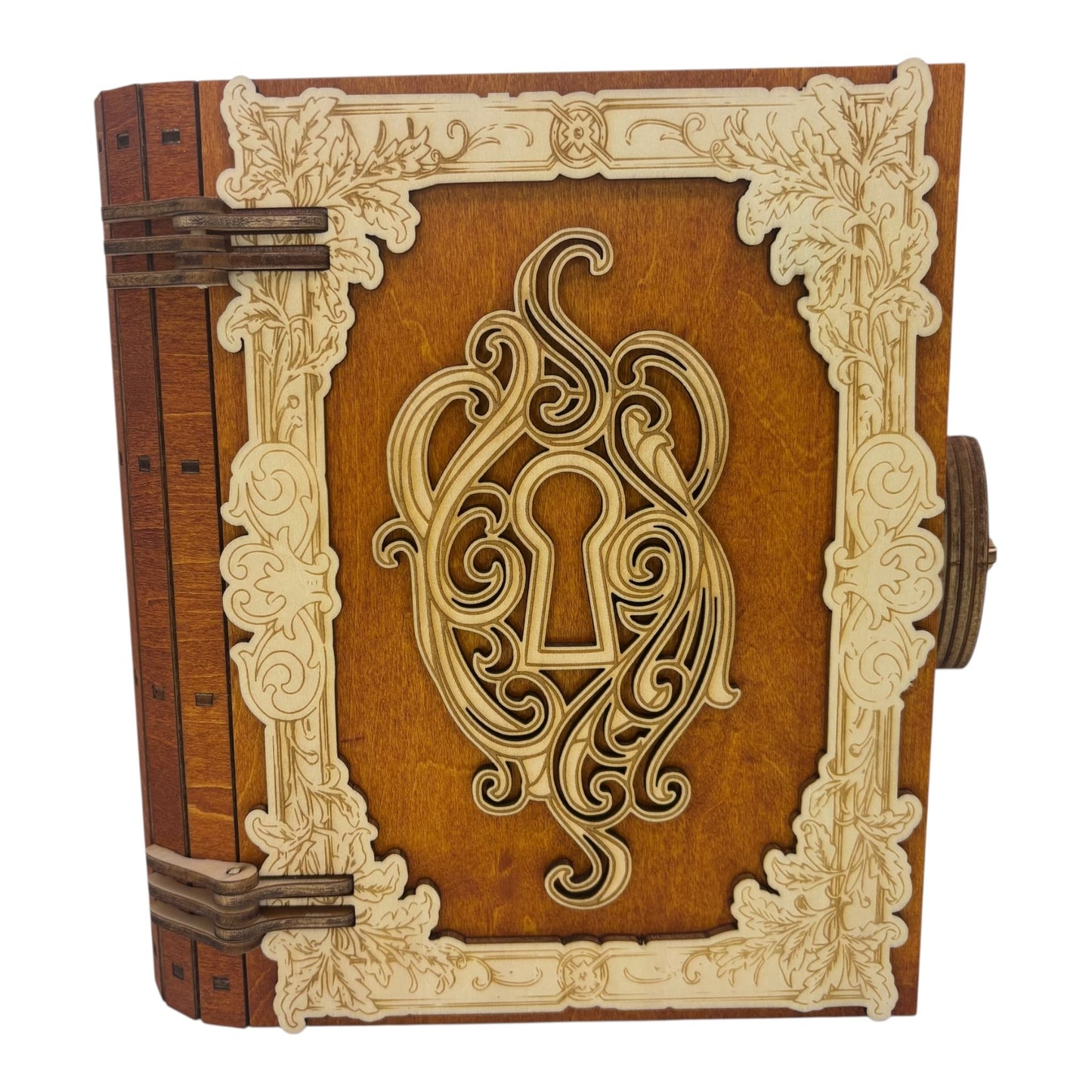 Boite en bois  serrure marron  en  forme de livre , avec mécanisme d'ouverture par engrenage possibilité boite à musique pour bijou, secrets ou trésors fabrication francaise et artisanale