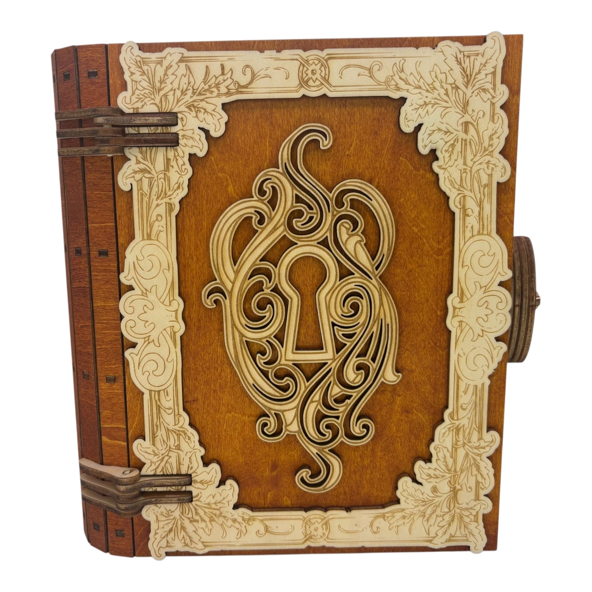 Boite en bois  serrure marron  en  forme de livre , avec mécanisme d'ouverture par engrenage possibilité boite à musique pour bijou, secrets ou trésors fabrication francaise et artisanale