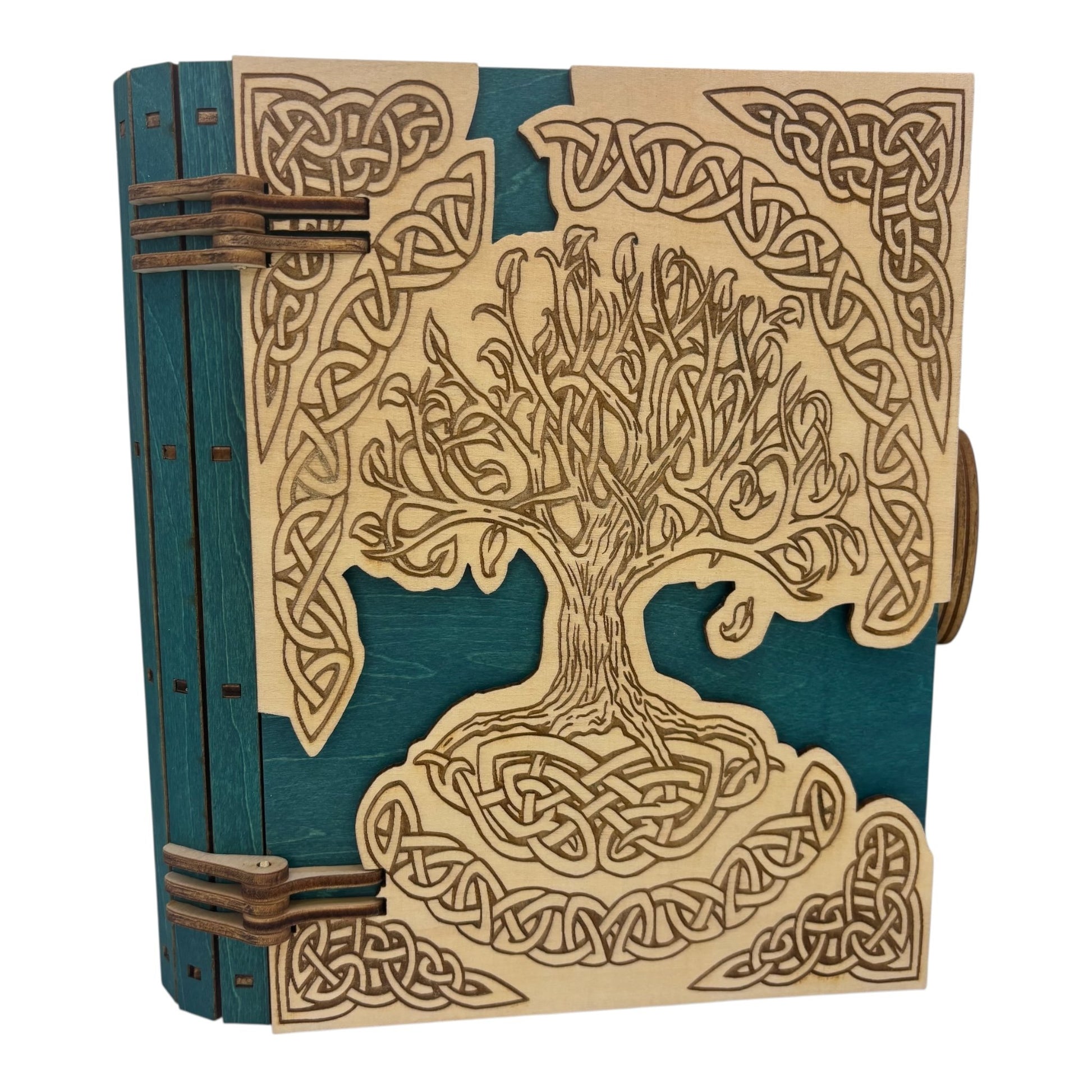 Boite en bois celtique  vert en  forme de livre , avec mécanisme d'ouverture par engrenage possibilité boite à musique pour bijou, secrets ou trésors fabrication francaise et artisanale