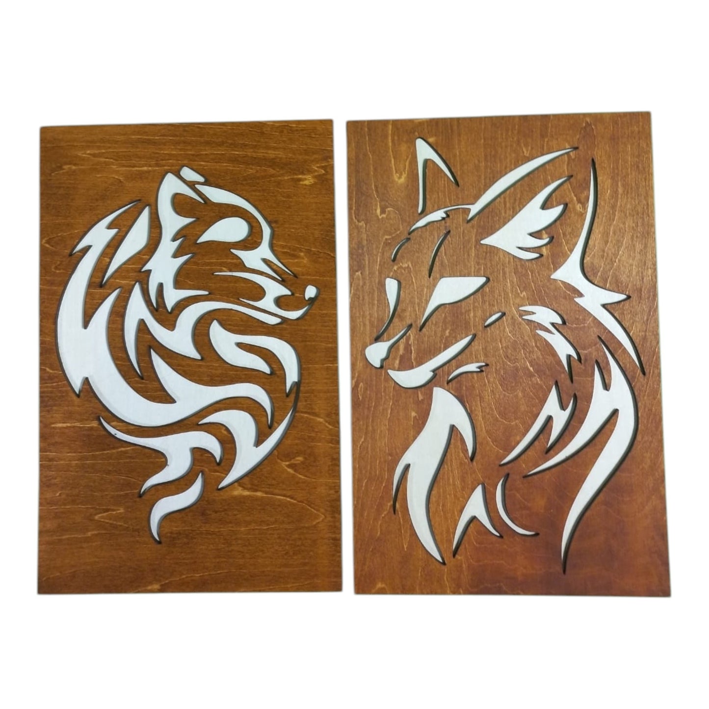 Tableaux du Loup et Renard en bois, décoration d'intérieur naturelle en découpe laser. Décoration murale en reliefs. Art du bois de fabrication francaise et artisanale 