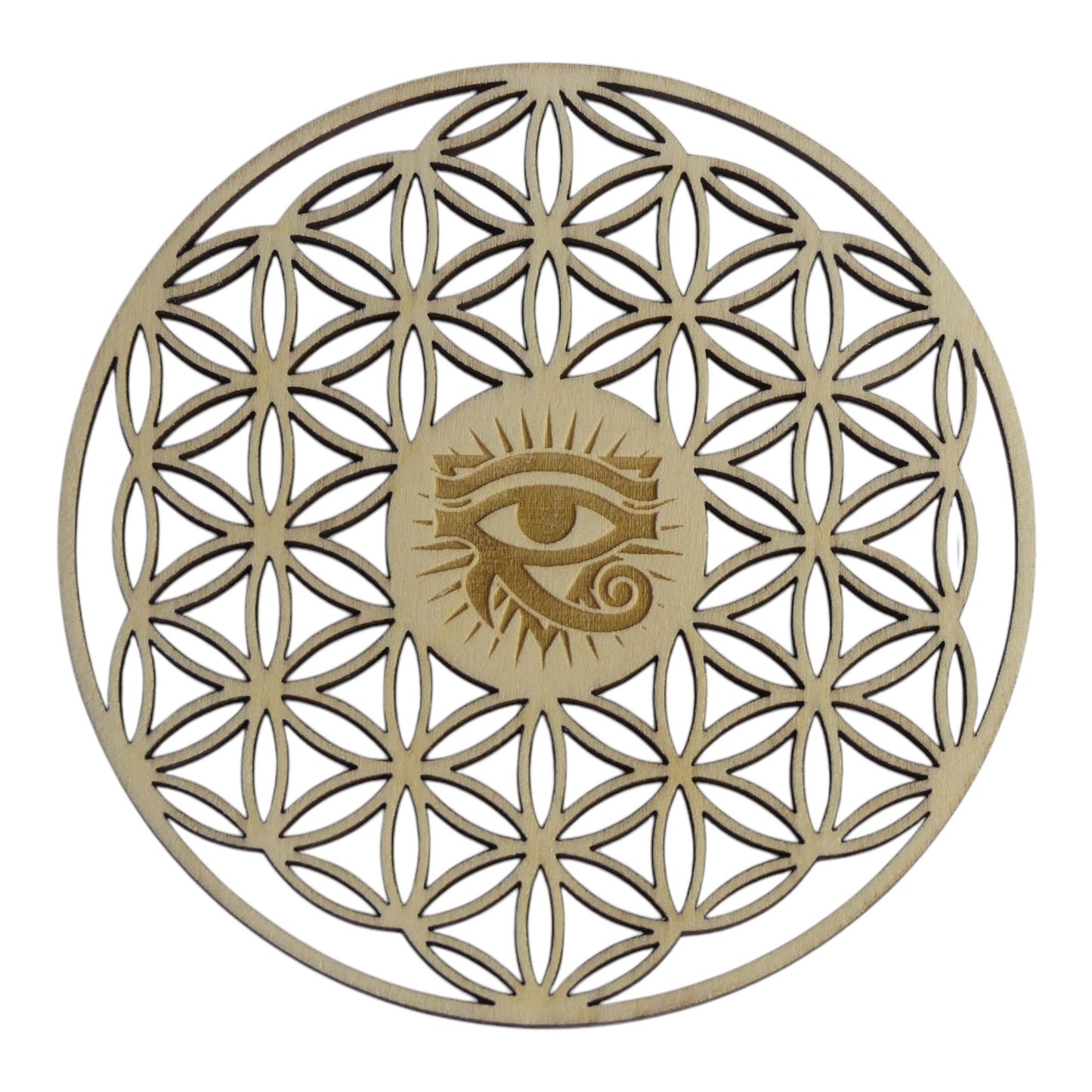 Fleur de vie Creuse oeil d'Horus plaque de rechargement fleur de vie , ésotérisme , symbole sacrés, bien être lithothérapie fabrication francaise et artisanale  en gravure et découpe laser 