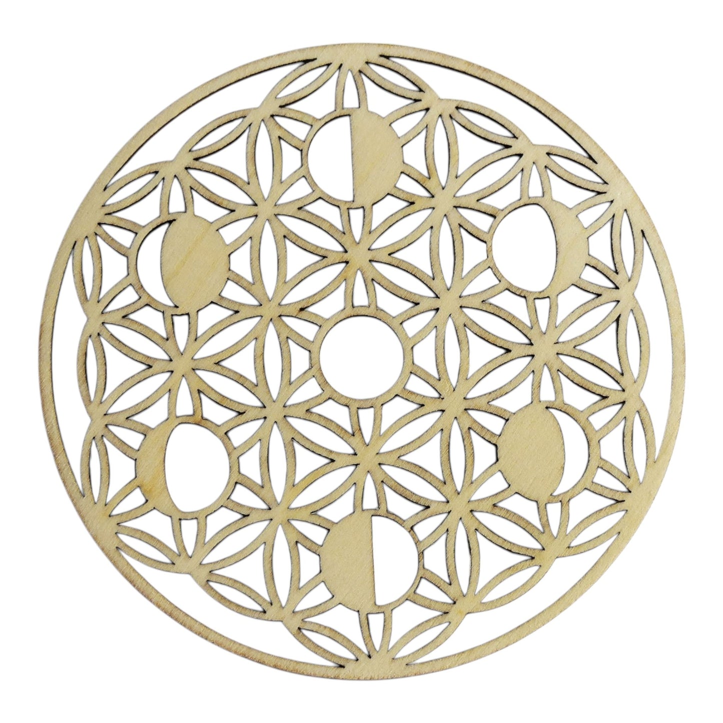 Fleur de vie creuse decoupe phase de la lune plaque de rechargement fleur de vie , ésotérisme , symbole sacrés, bien être lithothérapie fabrication francaise et artisanale  en gravure et découpe laser 