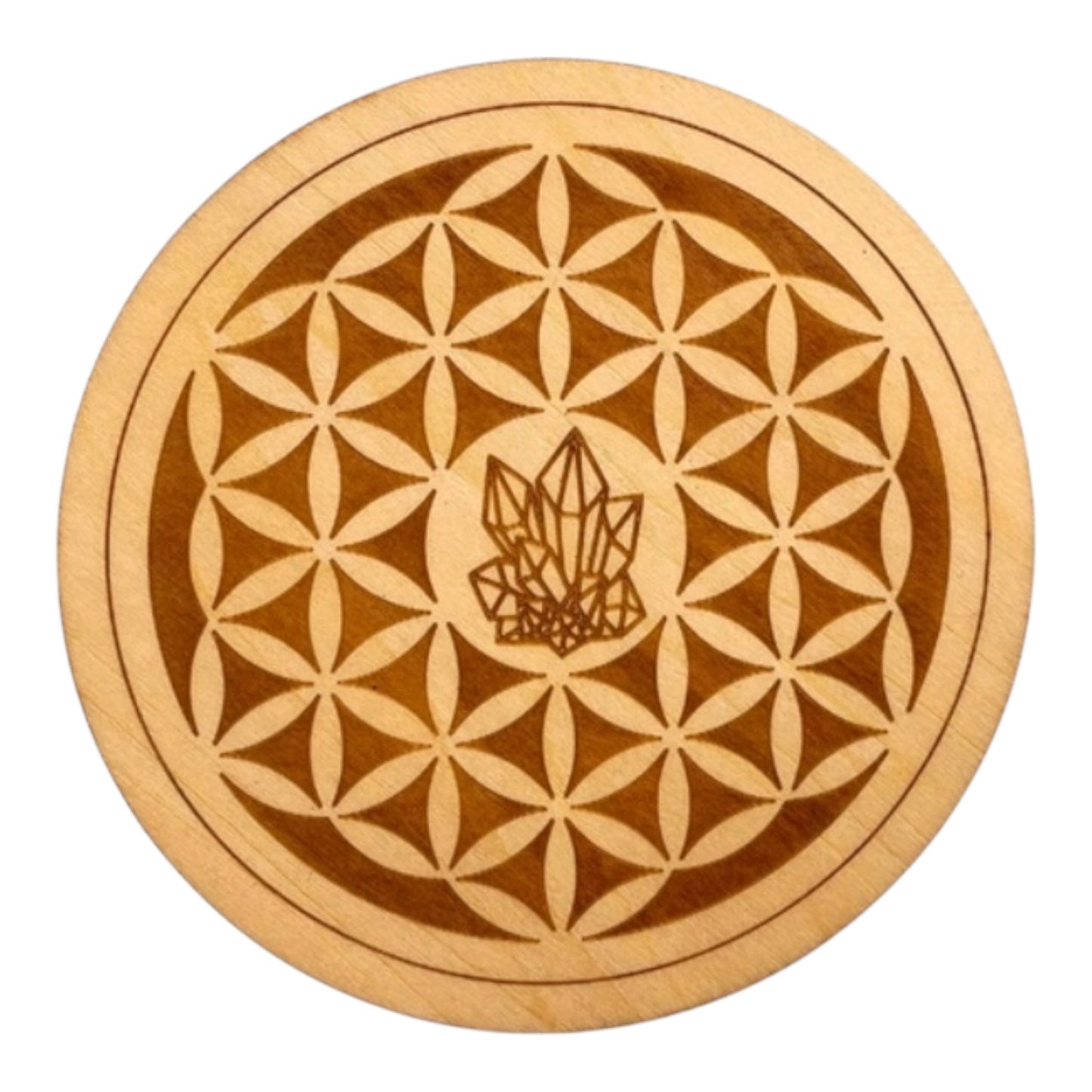 Fleur de vie avec cristaux plaque de rechargement fleur de vie , ésotérisme , symbole sacrés, bien être lithothérapie fabrication francaise et artisanale  en gravure et découpe laser 