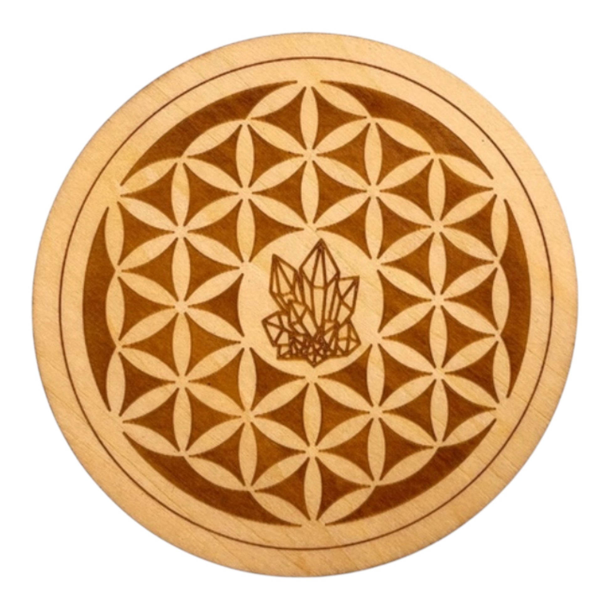 Fleur de vie avec cristaux plaque de rechargement fleur de vie , ésotérisme , symbole sacrés, bien être lithothérapie fabrication francaise et artisanale  en gravure et découpe laser 