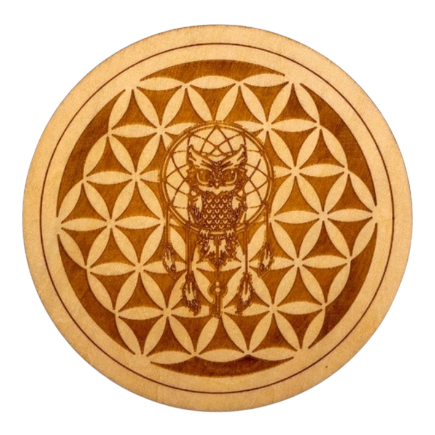 Fleur de vie gravé avec chouette plaque de  rechargement fleur de vie , ésotérisme , symbole sacrés, bien être lithothérapie fabrication francaise et artisanale  en gravure et découpe laser 