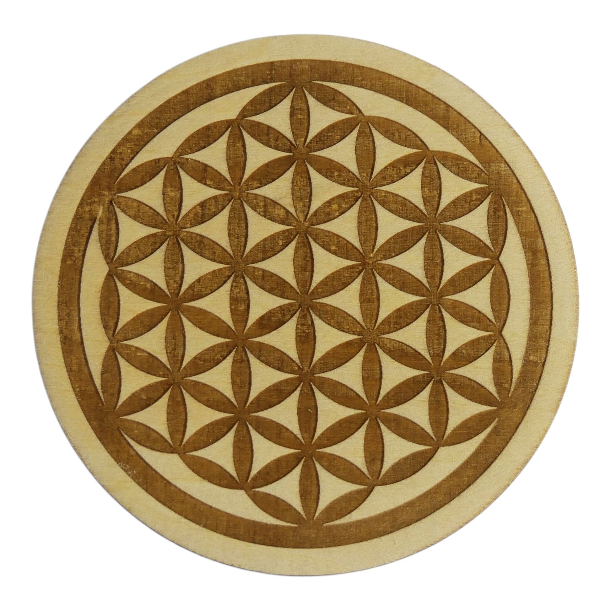 Fleur de vie pleine gravé plaque de rechargement fleur de vie , ésotérisme , symbole sacrés, bien être lithothérapie fabrication francaise et artisanale  en gravure et découpe laser 