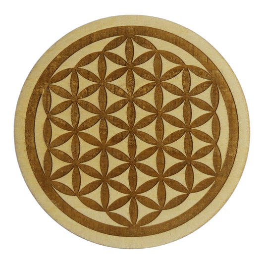 Fleur de vie pleine gravé plaque de rechargement fleur de vie , ésotérisme , symbole sacrés, bien être lithothérapie fabrication francaise et artisanale  en gravure et découpe laser 