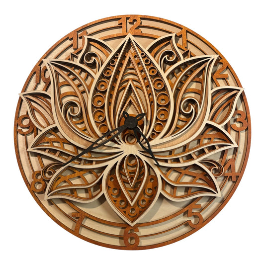 Horloge de Fleur de Lotus décoration d'intérieur naturelle , zen , bien être en découpe laser. Décoration murale en reliefs. Art du bois de fabrication francaise et artisanale 