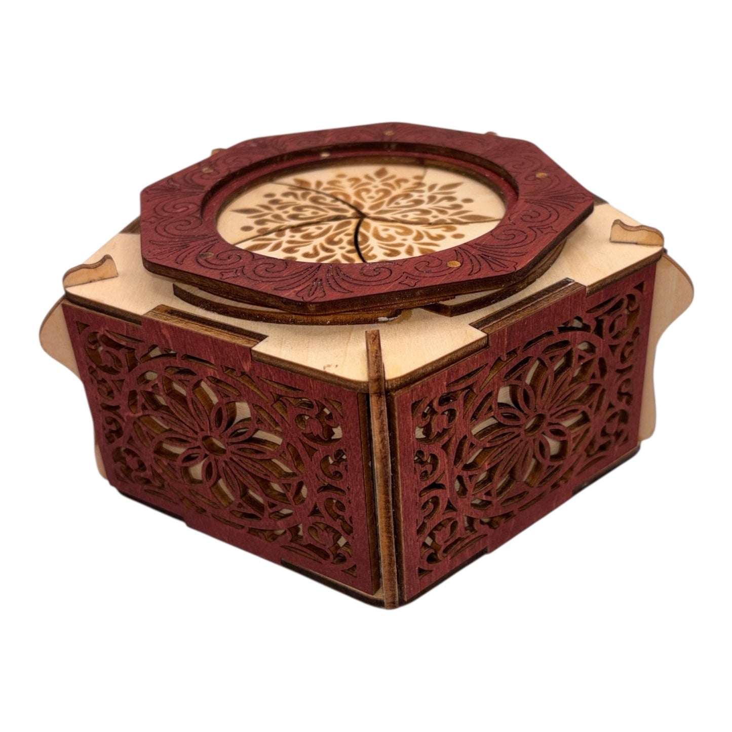 Boite en bois mécanisme avec engrenage par rotation sans casse tete décoration intérieur pour bijoux secrets trésor  fabrication artisanale et francaise en decoupe et gravure laser