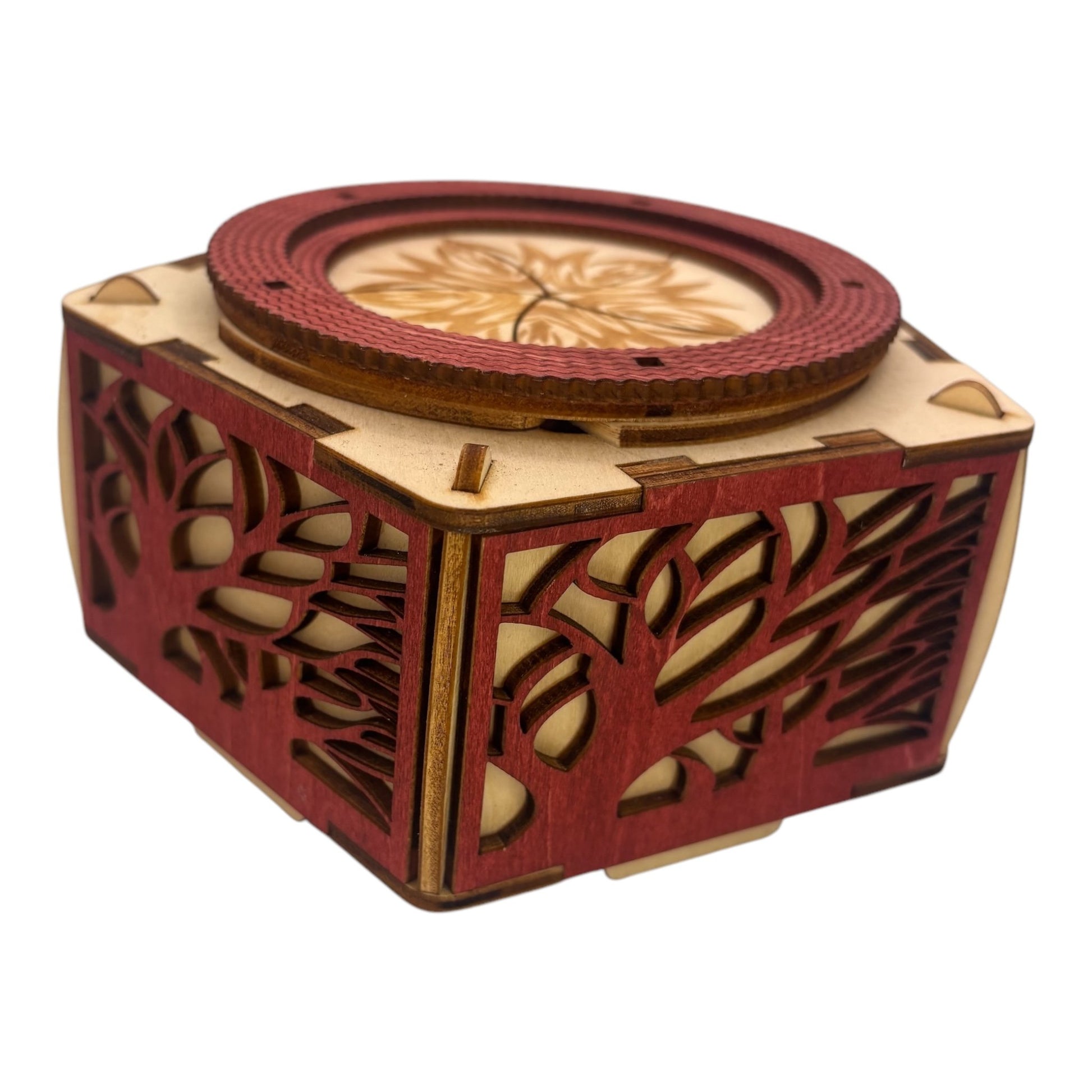 Boite en bois avec engrenage et mécanisme sans cassse tete gravure et decoupe laser fabrication francaise et artisanale decoration intérieur tresors bijoux et secrets