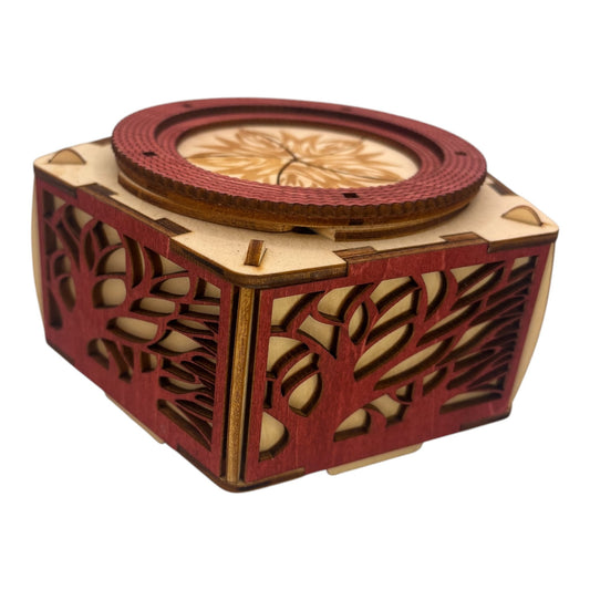 Boite en bois avec engrenage et mécanisme sans cassse tete gravure et decoupe laser fabrication francaise et artisanale decoration intérieur tresors bijoux et secrets