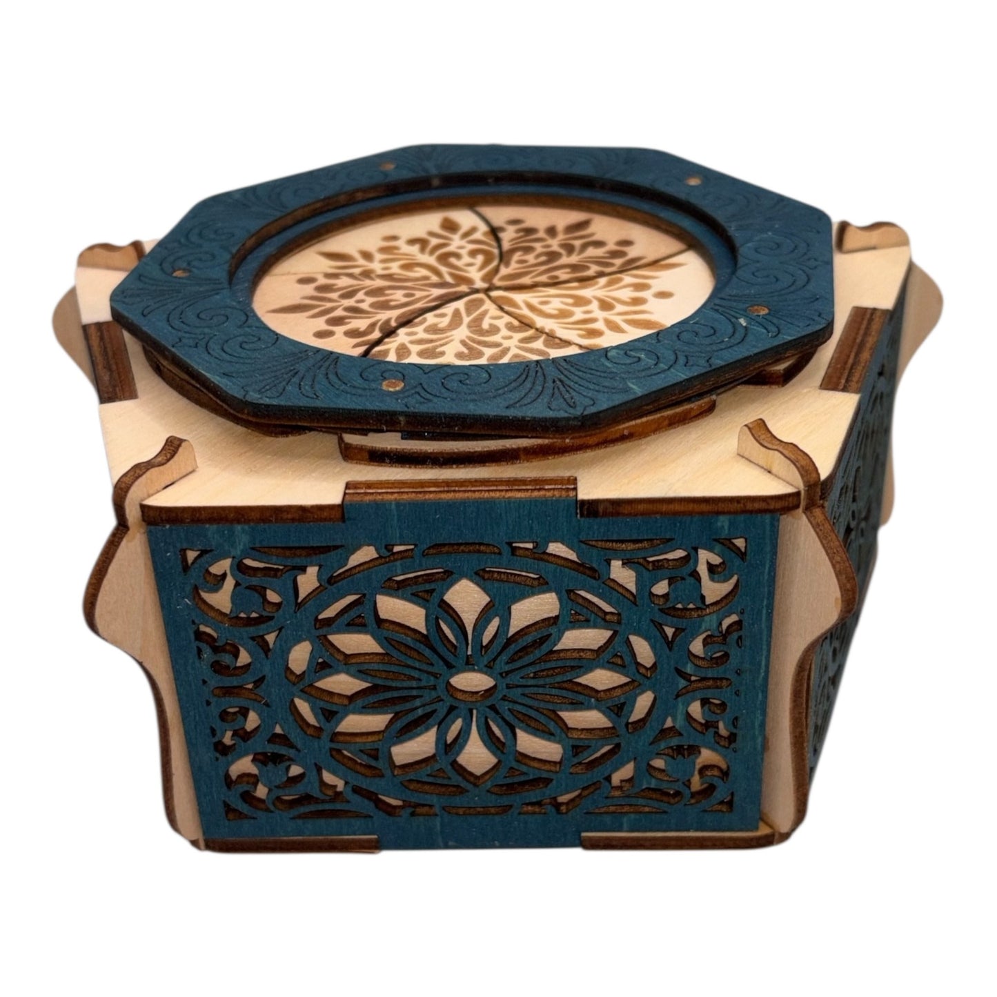 Boite en bois mécanisme avec engrenage par rotation sans casse tete décoration intérieur pour bijoux secrets trésor  fabrication artisanale et francaise en decoupe et gravure laser