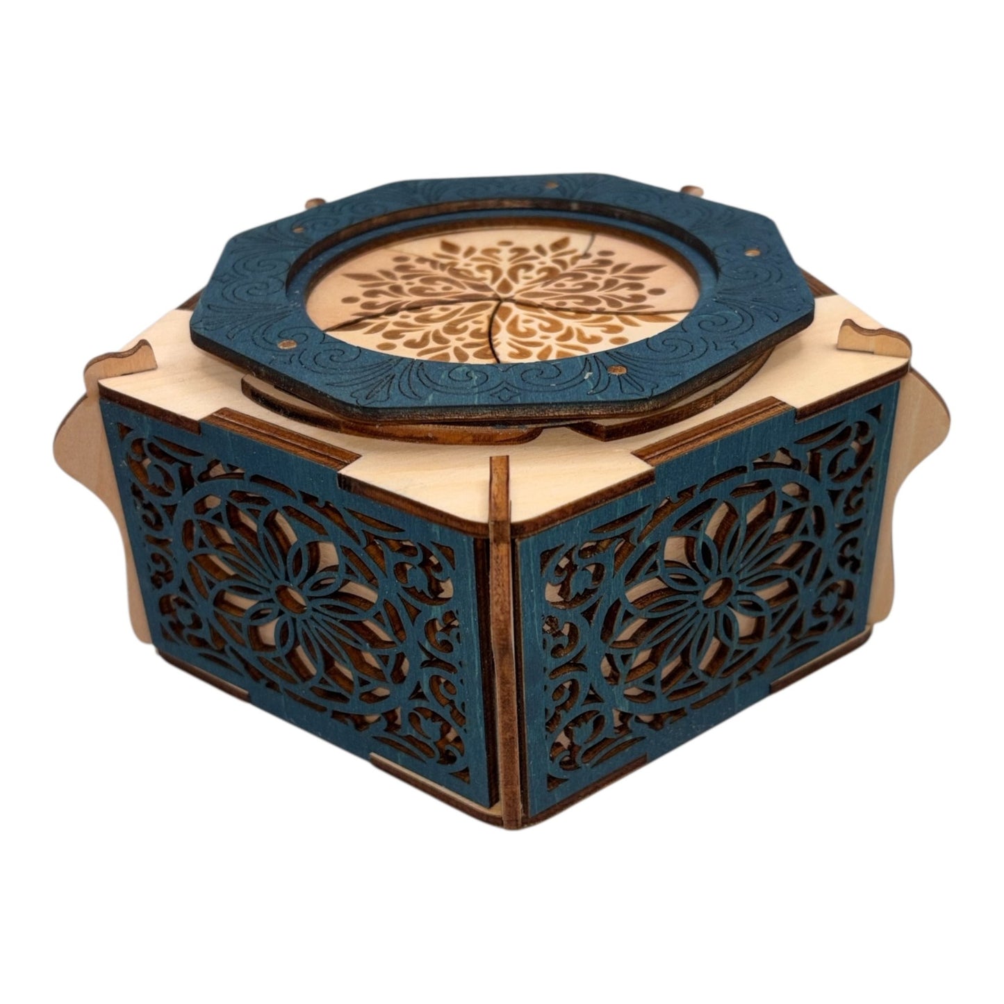 Boite en bois mécanisme avec engrenage par rotation sans casse tete décoration intérieur pour bijoux secrets trésor  fabrication artisanale et francaise en decoupe et gravure laser