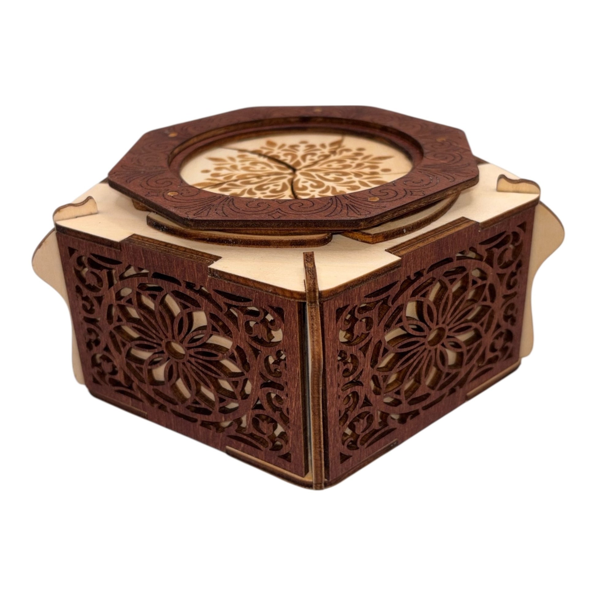 Boite en bois mécanisme avec engrenage par rotation sans casse tete décoration intérieur pour bijoux secrets trésor  fabrication artisanale et francaise en decoupe et gravure laser