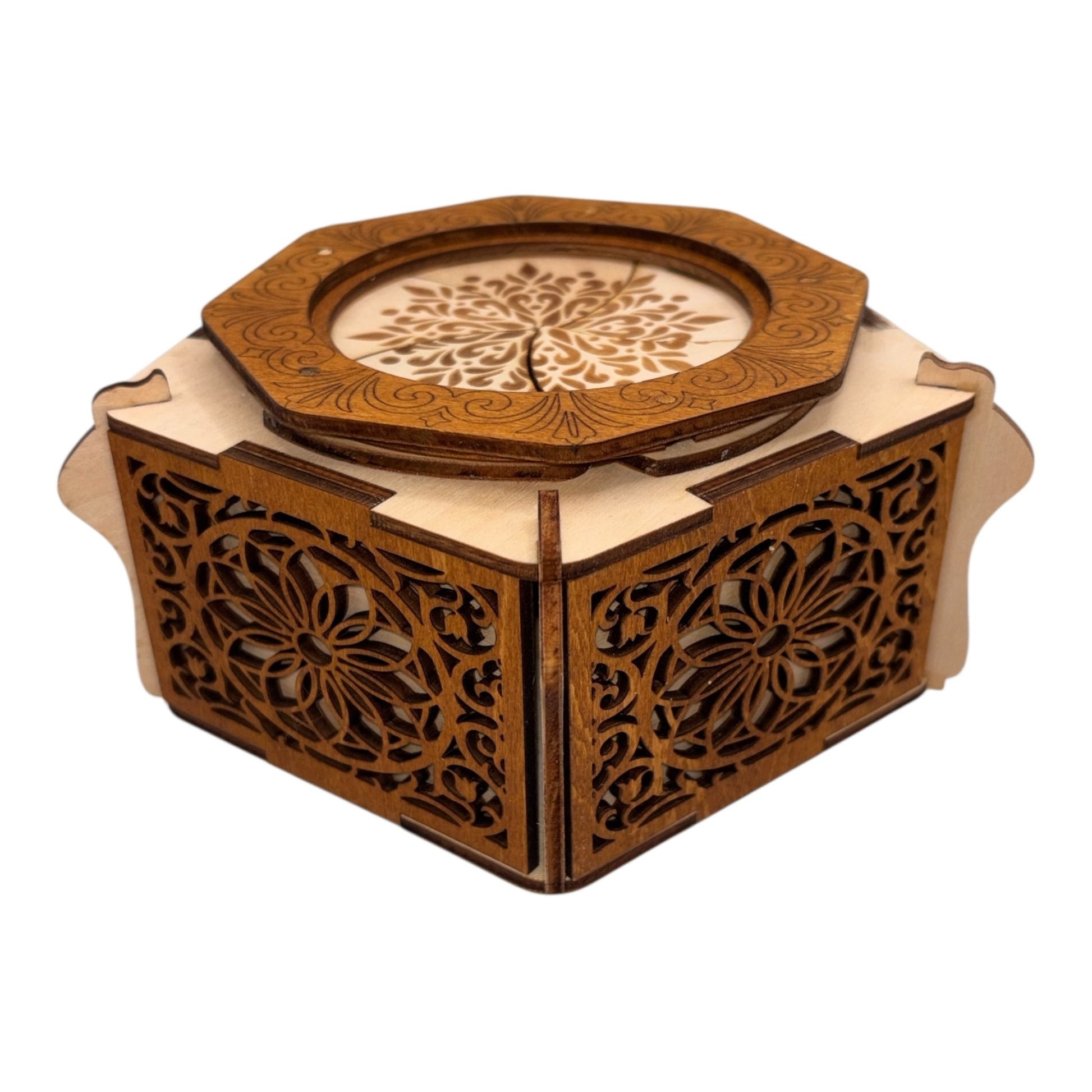 Boite en bois mécanisme avec engrenage par rotation sans casse tete décoration intérieur pour bijoux secrets trésor  fabrication artisanale et francaise en decoupe et gravure laser