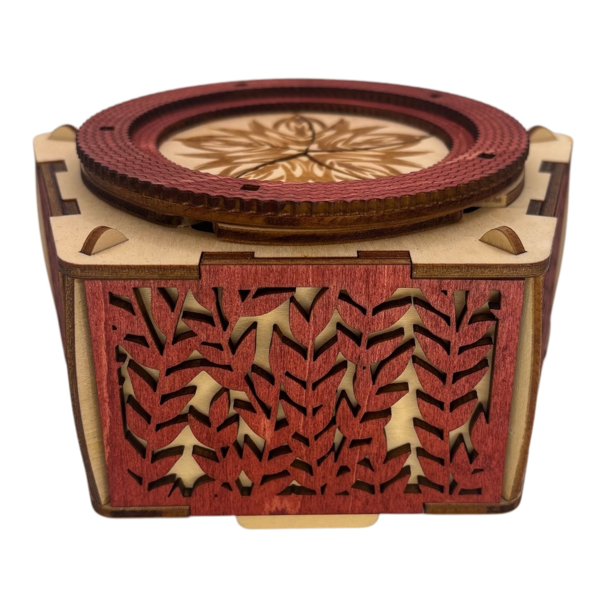 boite en bois décoration intéreur pour bijoux secrets trésors avec mécanisme et engrenage sans casse tete en decoupe et gravure laser de fabrication francaise et artisanale