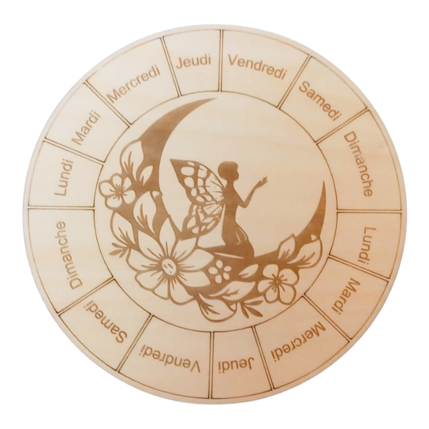 Planche à pendule fée sur la lune rechargement fleur de vie , ésotérisme , symbole sacrés, bien être lithothérapie fabrication francaise et artisanale  en gravure et découpe laser 