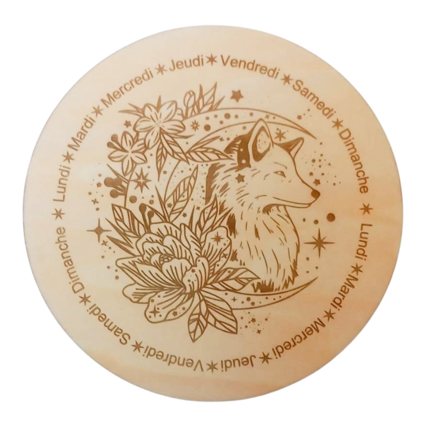 Planche à pendule Loup rechargement fleur de vie , ésotérisme , symbole sacrés, bien être lithothérapie fabrication francaise et artisanale  en gravure et découpe laser 