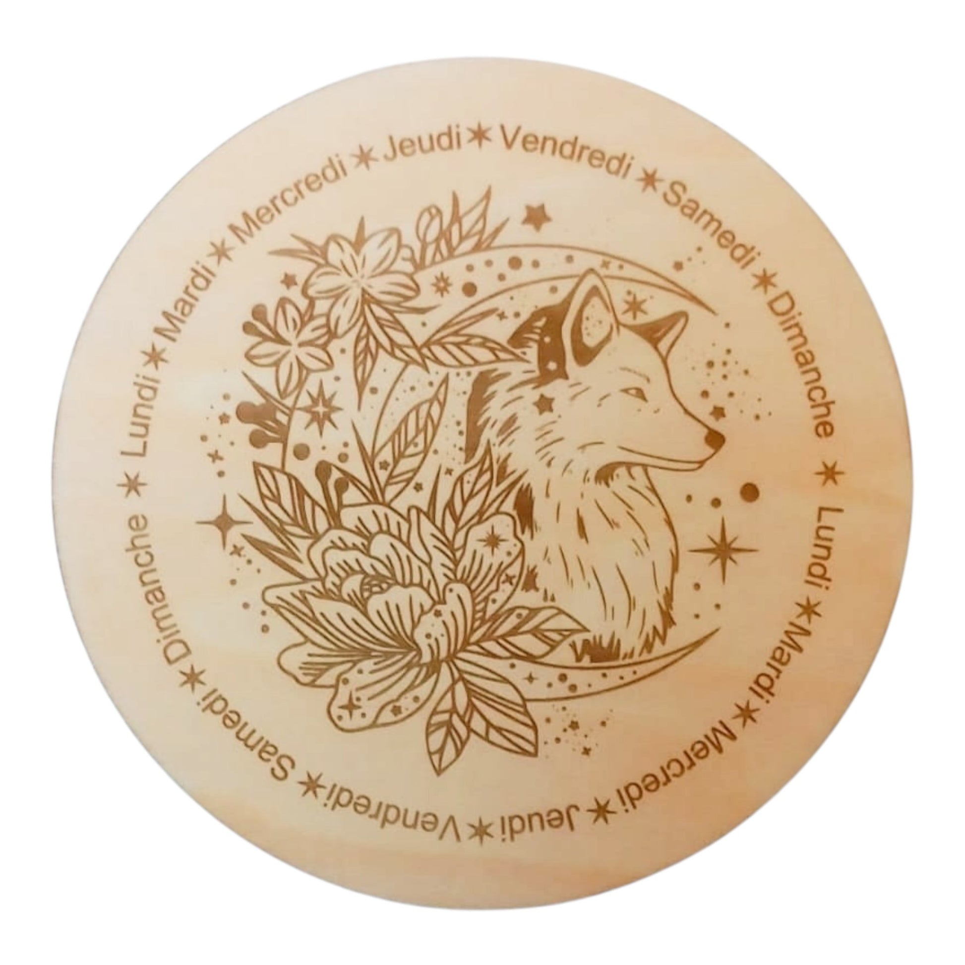 Planche à pendule Loup rechargement fleur de vie , ésotérisme , symbole sacrés, bien être lithothérapie fabrication francaise et artisanale  en gravure et découpe laser 