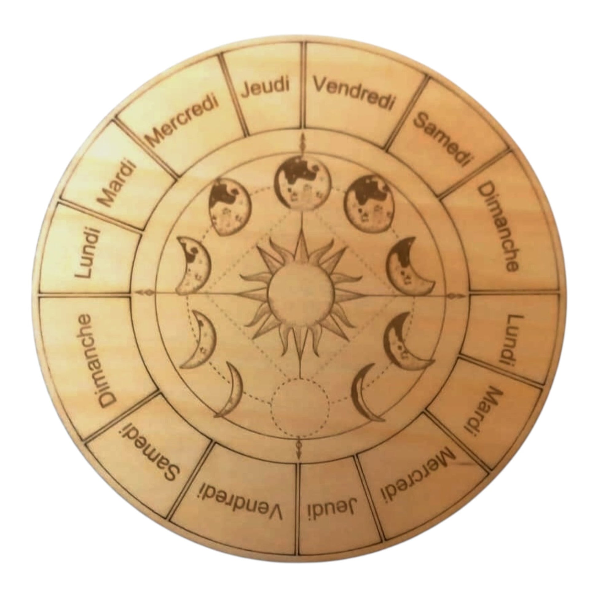 Planche à pendule phase de la lune  rechargement fleur de vie , ésotérisme , symbole sacrés, bien être lithothérapie fabrication francaise et artisanale  en gravure et découpe laser 