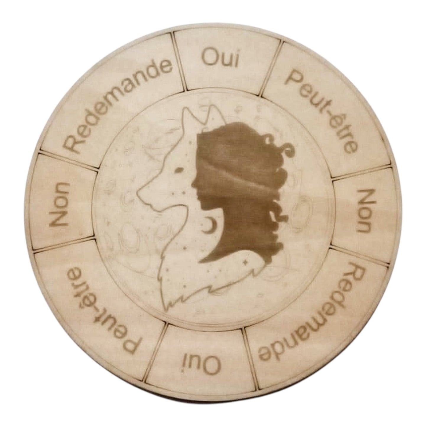 Planche à Pendule Femme/Loup rechargement fleur de vie , ésotérisme , symbole sacrés, bien être lithothérapie fabrication francaise et artisanale  en gravure et découpe laser 
