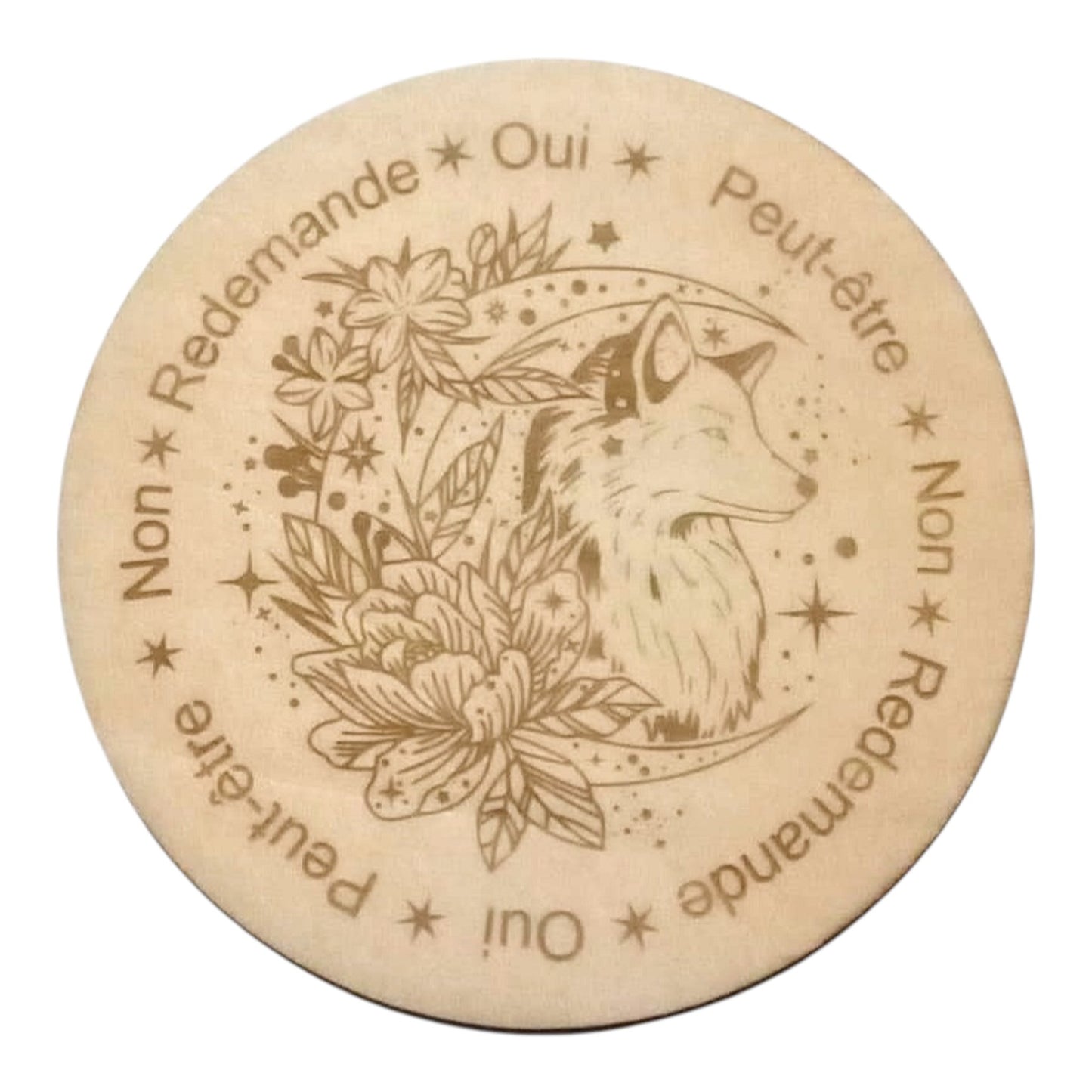 planche à pendule loup rechargement fleur de vie , ésotérisme , symbole sacrés, bien être lithothérapie fabrication francaise et artisanale  en gravure et découpe laser 