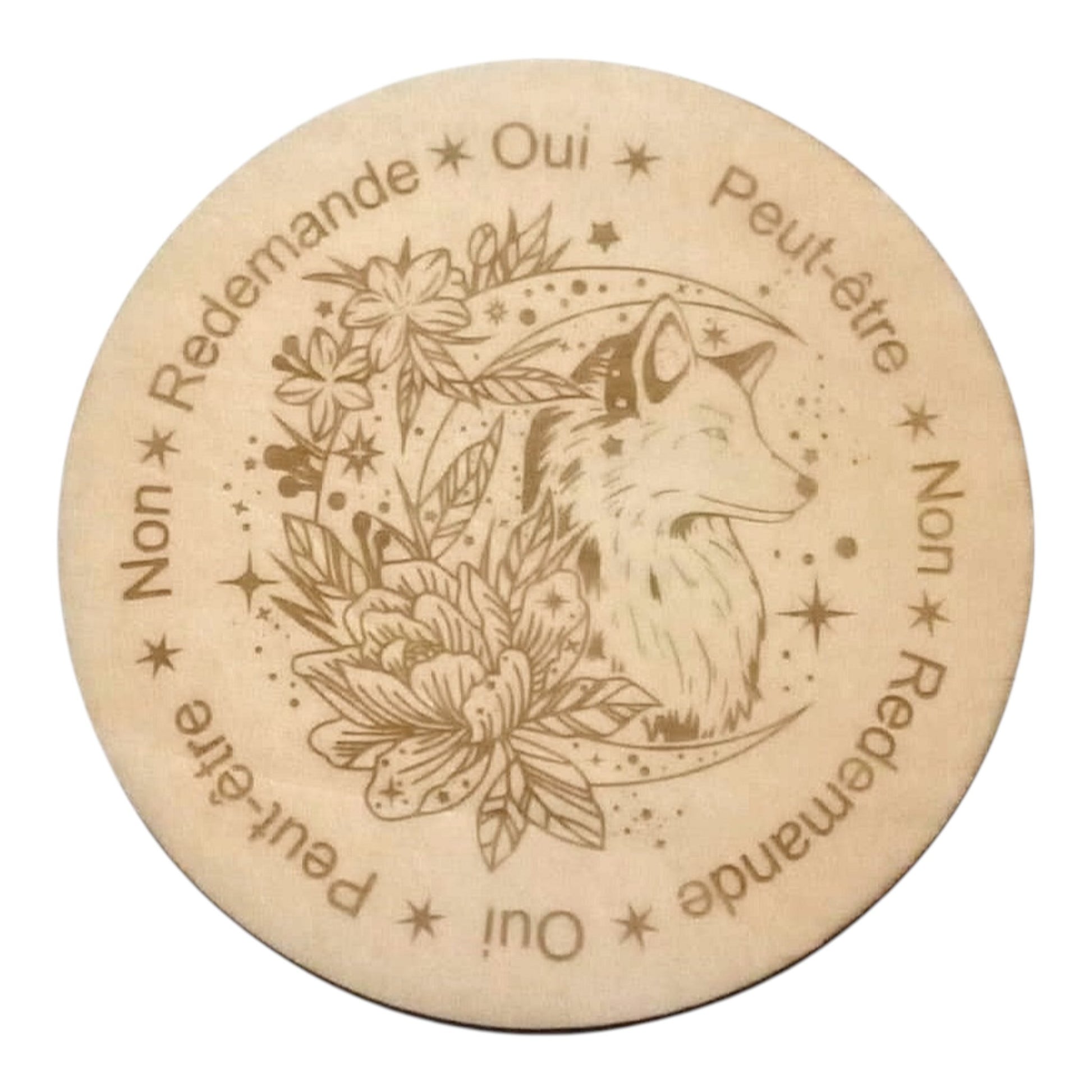 planche à pendule loup rechargement fleur de vie , ésotérisme , symbole sacrés, bien être lithothérapie fabrication francaise et artisanale  en gravure et découpe laser 