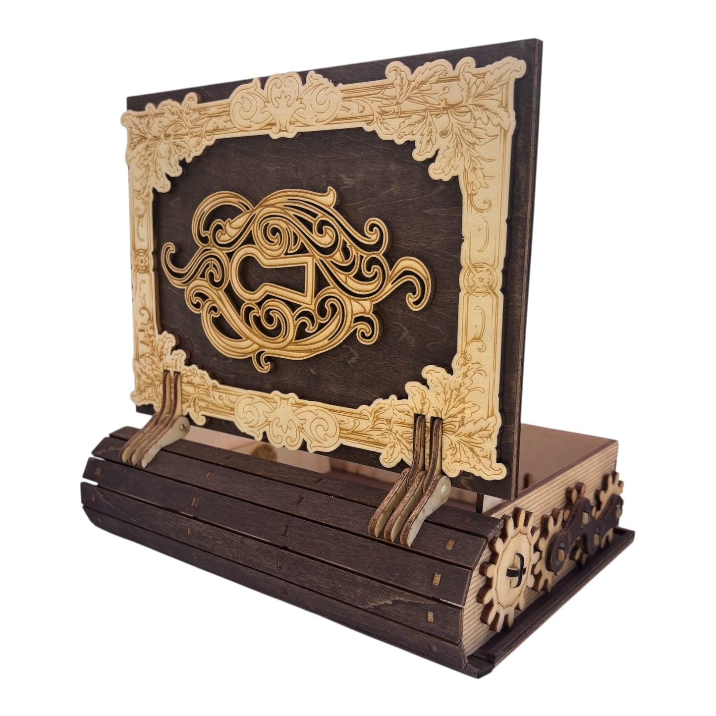 Boite en bois  marron fonce n forme de livre , avec mécanisme d'ouverture par engrenage possibilité boite à musique pour bijou, secrets ou trésors fabrication francaise et artisanale