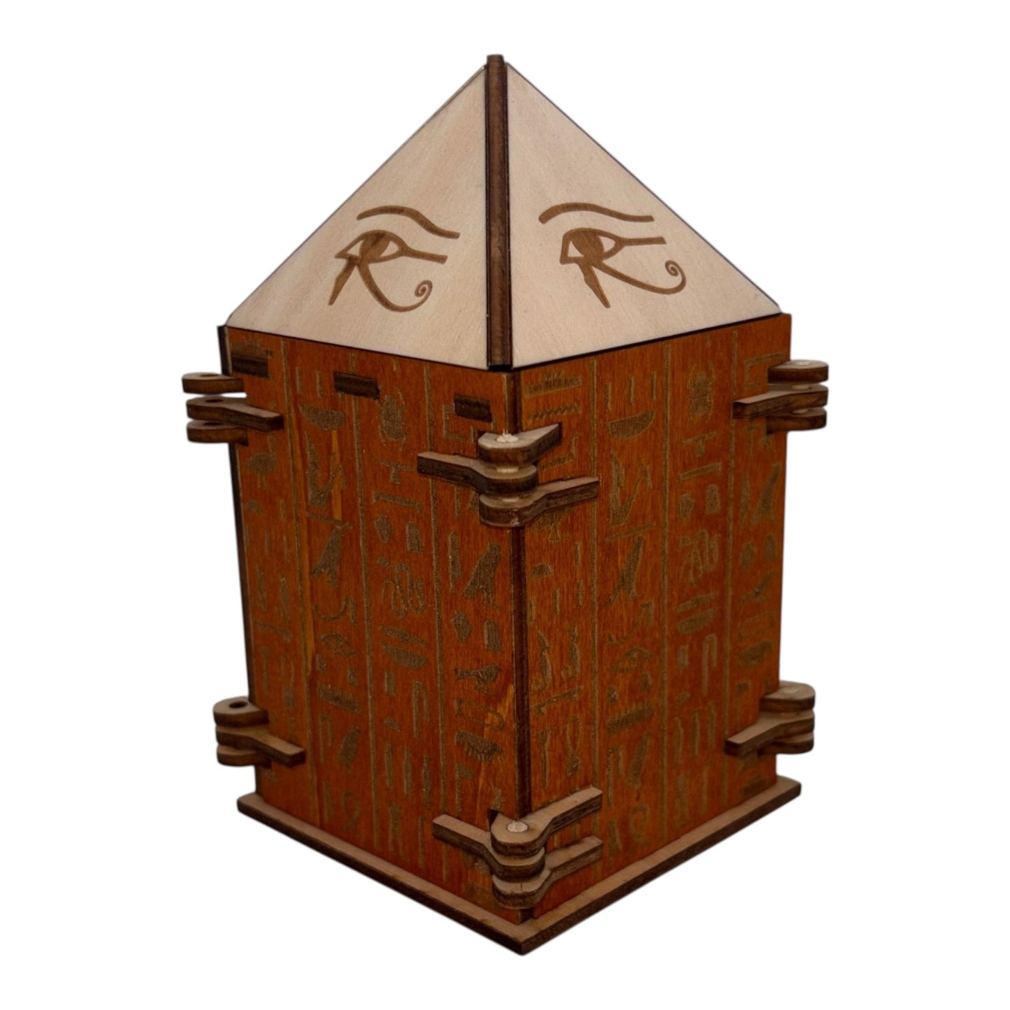 Boîtes bois artisanales avec mécanismes et gravures hiéroglyphes uniques.
