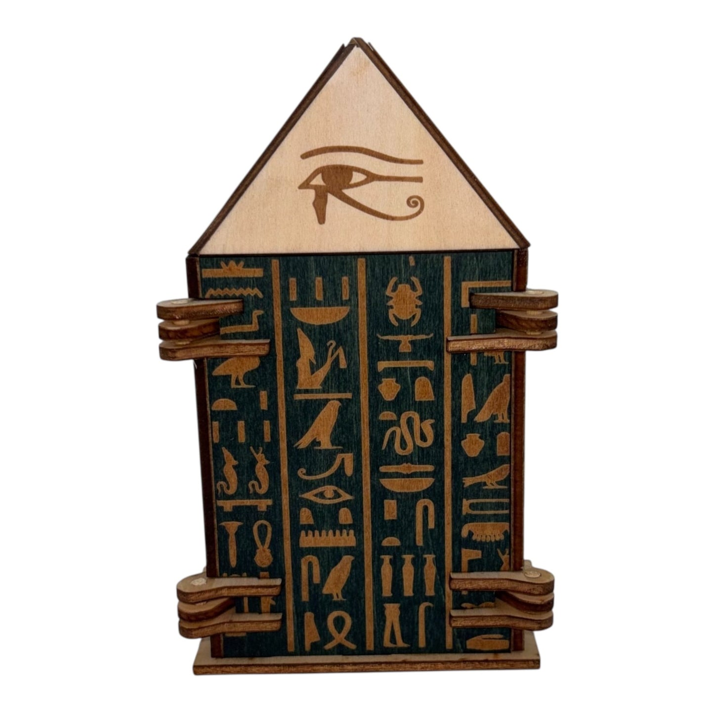 Boîtes bois artisanales avec mécanismes obélisque et gravures égyptiennes.