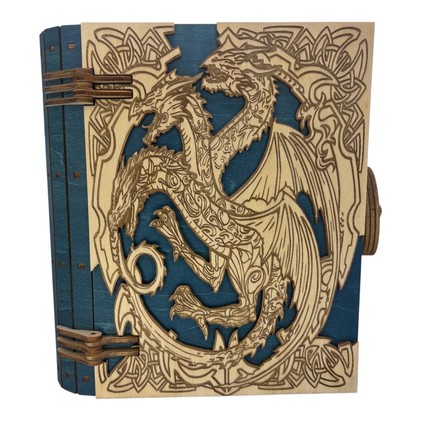 Boite en bois dragon bleu vert en  forme de livre , avec mécanisme d'ouverture par engrenage possibilité boite à musique pour bijou, secrets ou trésors fabrication francaise et artisanale
