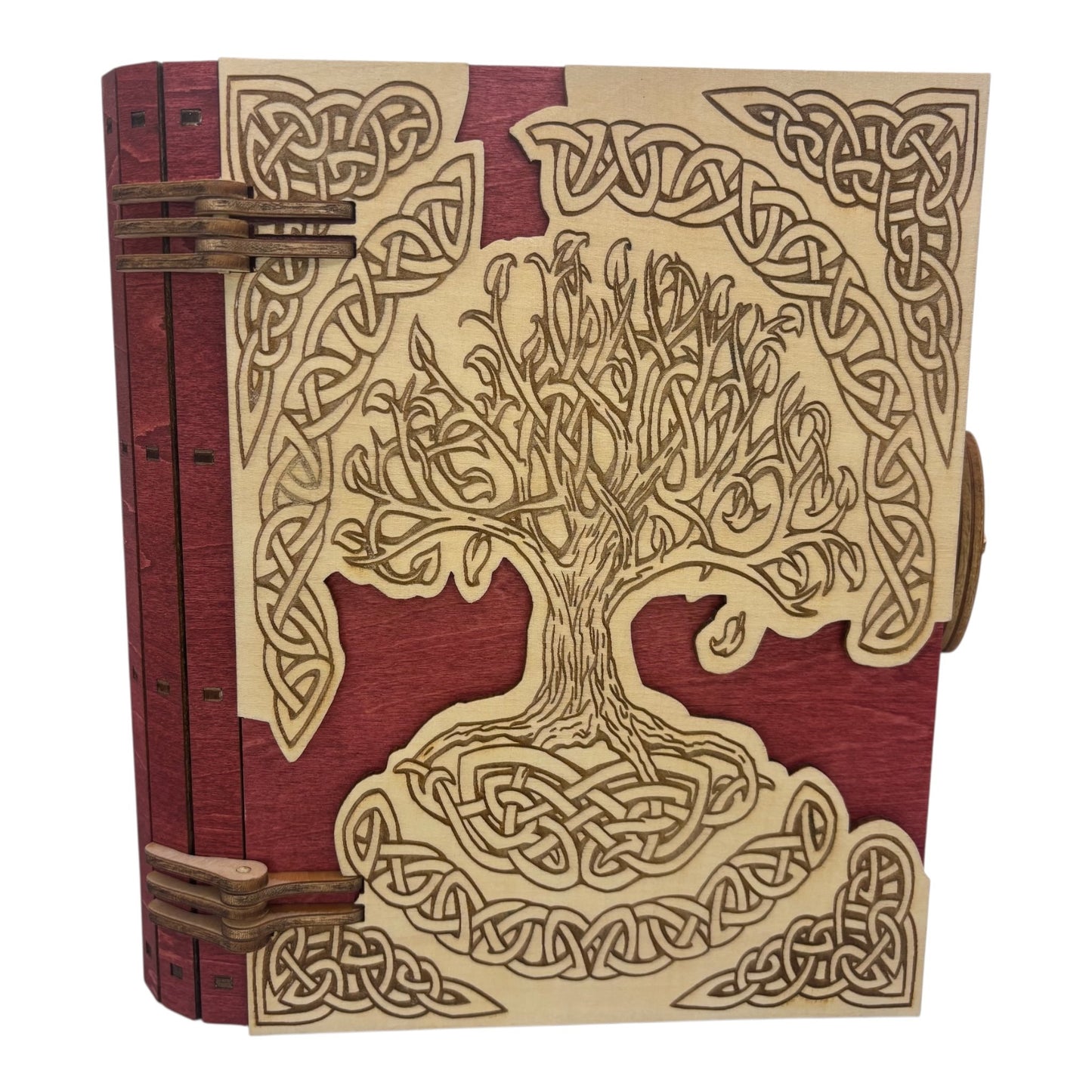 Boite en bois celtique  rouge en  forme de livre , avec mécanisme d'ouverture par engrenage possibilité boite à musique pour bijou, secrets ou trésors fabrication francaise et artisanale