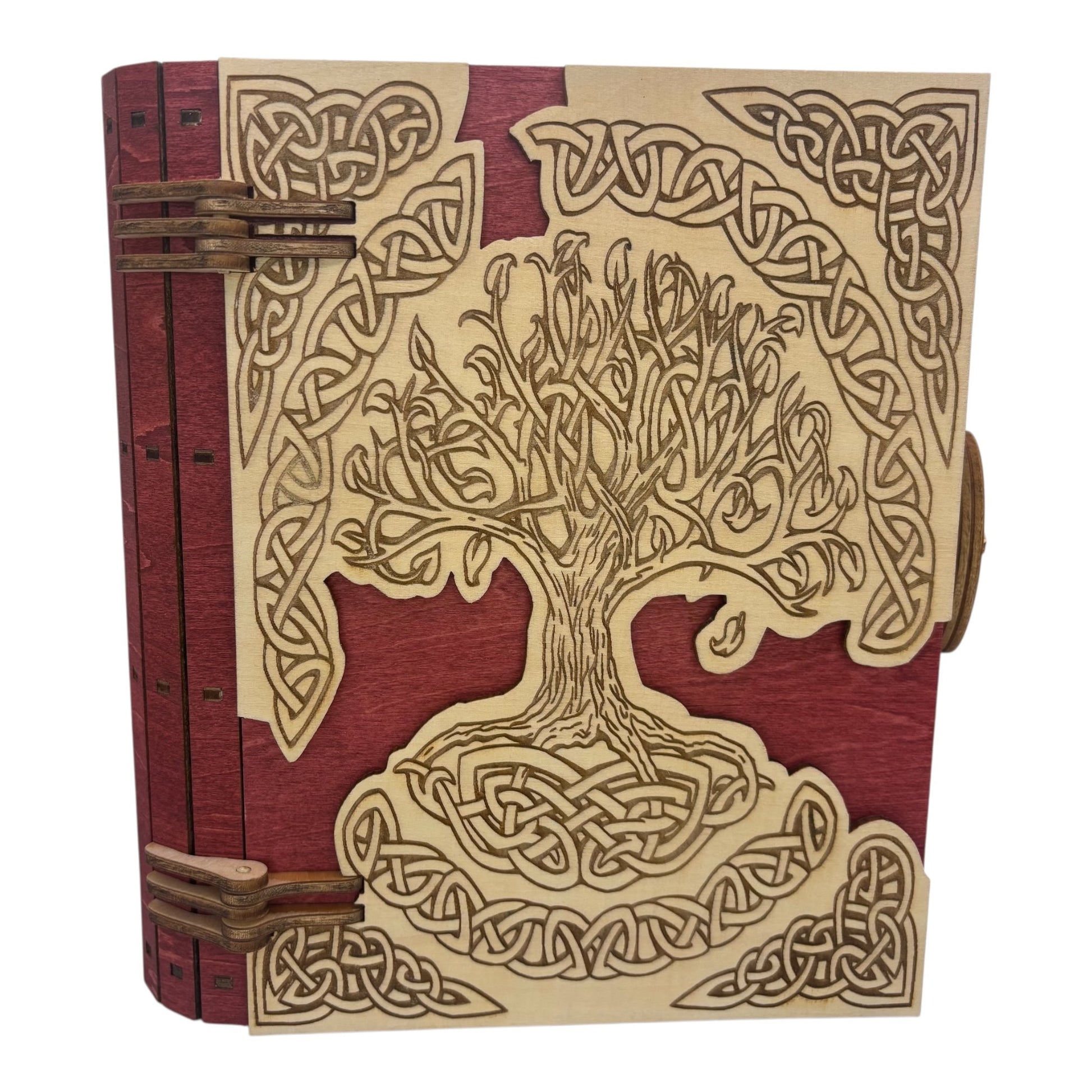 Boite en bois celtique  rouge en  forme de livre , avec mécanisme d'ouverture par engrenage possibilité boite à musique pour bijou, secrets ou trésors fabrication francaise et artisanale