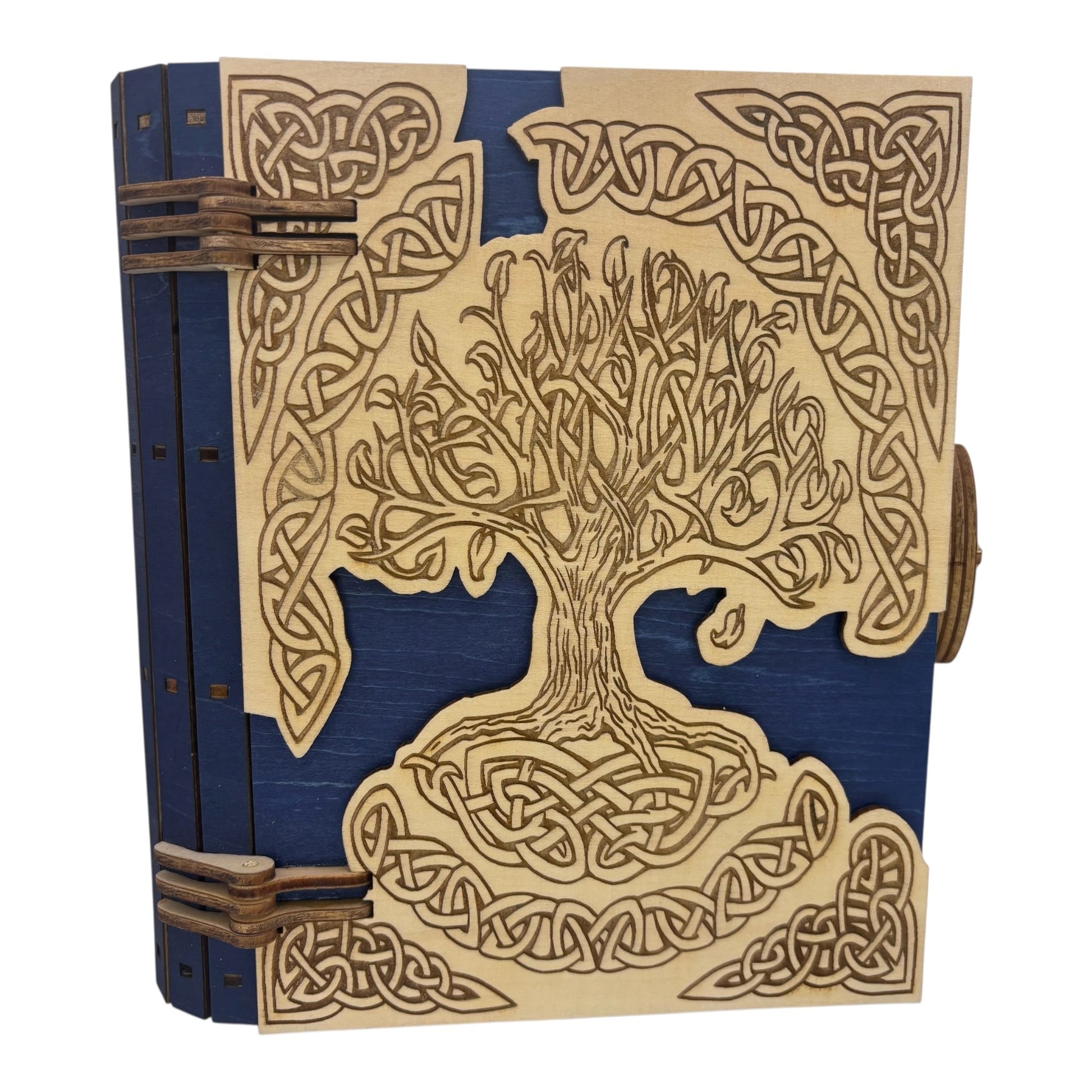 Boite en bois celtique bleu en  forme de livre , avec mécanisme d'ouverture par engrenage possibilité boite à musique pour bijou, secrets ou trésors fabrication francaise et artisanale