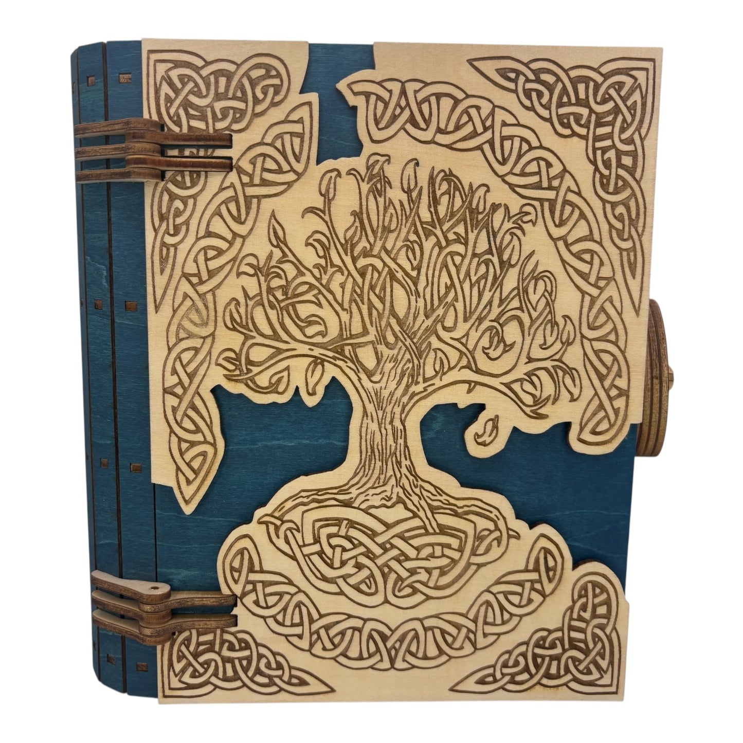 Boite en bois celtique  bleu vert en  forme de livre , avec mécanisme d'ouverture par engrenage possibilité boite à musique pour bijou, secrets ou trésors fabrication francaise et artisanale